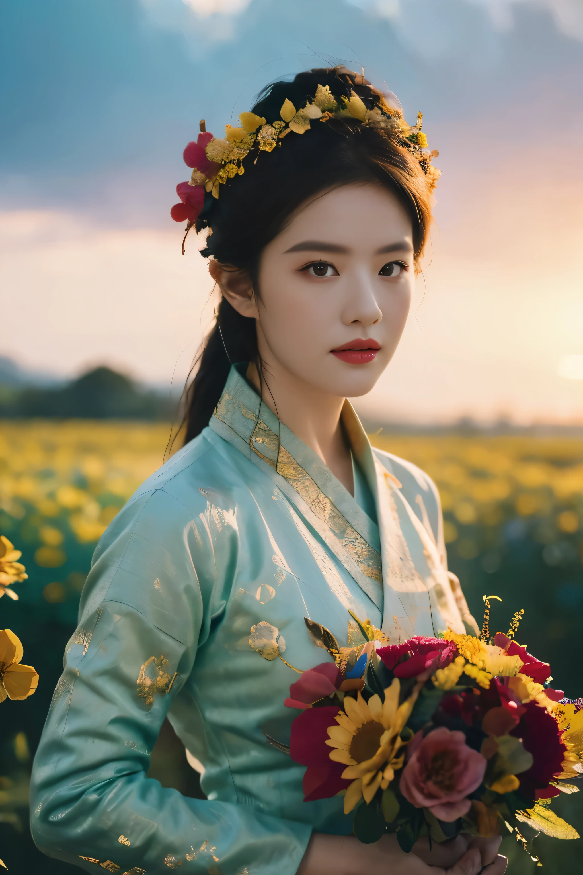 (best quality,4k,8k,highres,masterpiece:1.2),ultra-detailed,(realistic,photorealistic,photo-realistic:1.37),HDR,UHD,ultra-fine sharp focus,physically-based rendering,extreme detail description,professional,vivid colors,bokeh,portraits,landscape
A beautiful Tai Khun girl wearing a modernized traditional costume, Arafed, stands in front of a breathtaking landscape flowers field. She has stunning almond-shaped eyes and perfectly defined lips, both intricately detailed. Her face showcases a mix of joy and serenity, as she gracefully embodies the essence of Tai Khun culture. The elaborate costume she wears features vibrant colors and exquisite patterns, truly displaying the attention to detail and masterful craftsmanship.
The scene surrounding Arafed is a picturesque landscape, filled with rolling hills, lush greenery, and colorful wildflowers. The golden rays of sunlight filter through the clouds, casting a warm and ethereal glow over the entire scene. drawing the viewer's gaze towards her.
This artwork is of the highest quality, with a resolution of 8k, The realistic rendering brings the scene to life, making it seem almost like a photograph. The use of HDR enhances the dynamic range, capturing the full spectrum of colors and creating a visually captivating experience.
The colors are vivid and vibrant, adding a touch of vibrancy to the composition. The lighting is carefully orchestrated, with studio lighting techniques used to highlight the subject and create depth and dimension.
In terms of medium, this artwork is a masterpiece created using ultra-fine painting techniques. The sharp focus on the details, combined with the physically-based rendering. The bokeh effect in the background adds a sense of depth and enhances the overall aesthetic appeal of the painting.
 standing in front of a breathtaking landscape. The high-quality rendering and attention to detail bring the scene to life, making it a true masterpiece that captivates the viewer's imagination(floral crown).