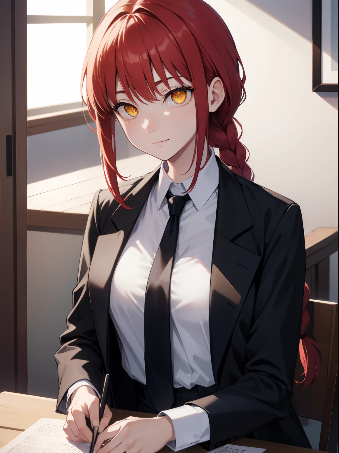 makima, makima, long hair, smile, closed mouth bangs, medium breasts, (yellow eyes:1.2), braid, red hair, braided ponytail, ringed eyes, BREAK shirt, long sleeves, jacket, white shirt, cleavage, sitting on table, loose necktie, collared shirt, pants, black jacket, black blazer, black pants, formal, suit, loose black necktie, shirt tucked in, office lady, BREAK indoors, office, BREAK looking at viewer, BREAK (masterpiece:1.2), best quality, high resolution, unity 8k wallpaper, (illustration:0.8), (beautiful detailed eyes:1.6), extremely detailed face, perfect lighting, extremely detailed CG, (perfect hands, perfect anatomy),