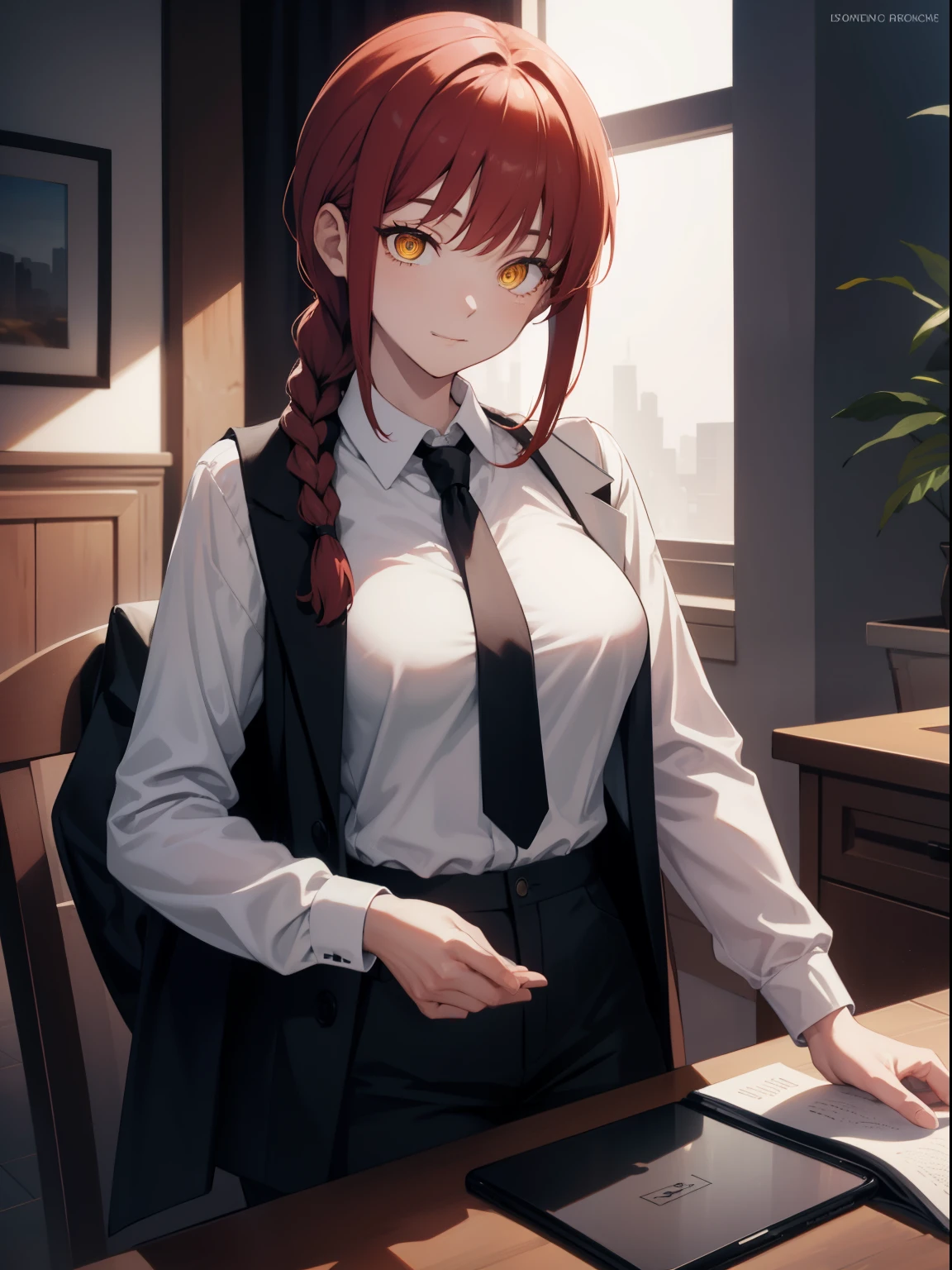 makima, makima, long hair, smile, closed mouth bangs, medium breasts, (yellow eyes:1.2), braid, red hair, braided ponytail, ringed eyes, BREAK shirt, long sleeves, jacket, white shirt, cleavage, sitting on table, loose necktie, collared shirt, pants, black jacket, black blazer, black pants, formal, suit, loose black necktie, shirt tucked in, office lady, BREAK indoors, office, BREAK looking at viewer, BREAK (masterpiece:1.2), best quality, high resolution, unity 8k wallpaper, (illustration:0.8), (beautiful detailed eyes:1.6), extremely detailed face, perfect lighting, extremely detailed CG, (perfect hands, perfect anatomy),