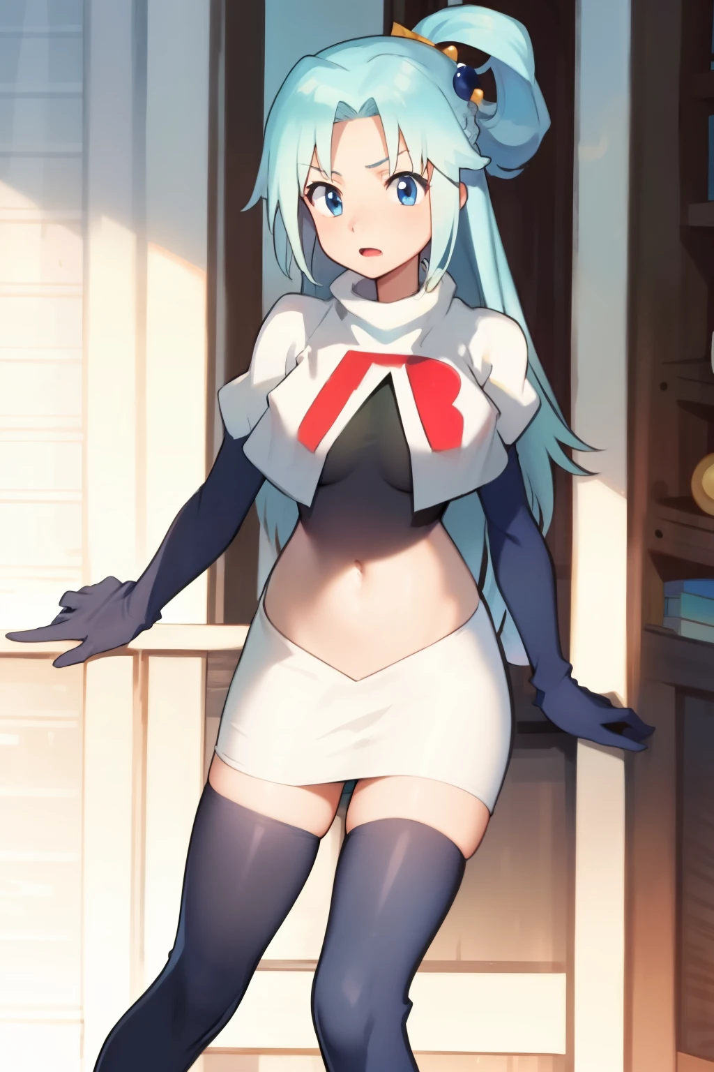 ,anime screencap,anime coloring,
1girl, long hair, solo, blue hair, blue eyes, hair rings, hair ornament, breasts, team rocket,team rocket uniform,white skirt,crop top,black thigh-highs,black elbow gloves,