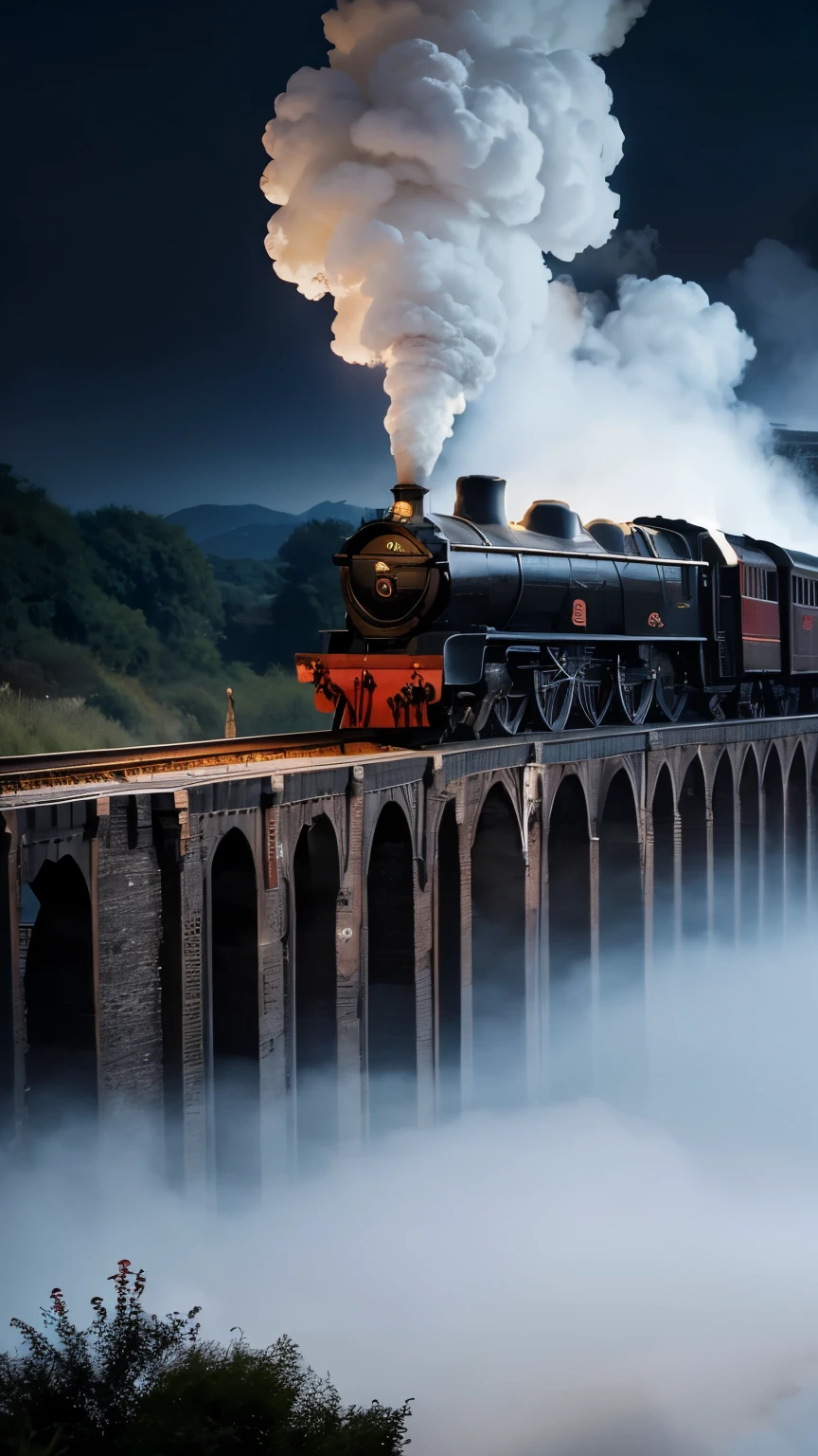 A very long Hogwarts steam train,《Harry Potter and the Philosopher's Stone》,A very long steam train for Harry Potter's admission ride,stone viaduct,stone viaduct上的long steam train,The Wizarding World of Hogwarts,The Wizarding World of Harry Potter,Texture,Mysterious atmosphere,Fog was thick,long steam train,A very long steam train with red letters on a black background,行驶的long steam train,《Harry Potter and the Philosopher's Stone》