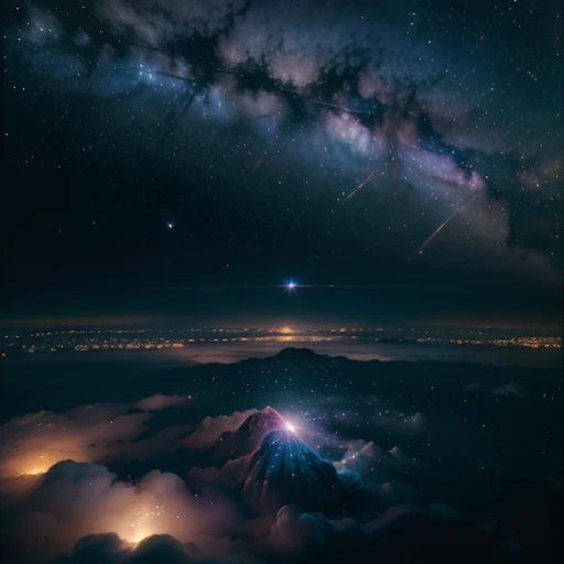 Ridiculous resolution, super high resolution, (epic:1.4), extrem detailed,, looking from above, afloat,starrysky,clouds,meteors,Skysky, nebulas