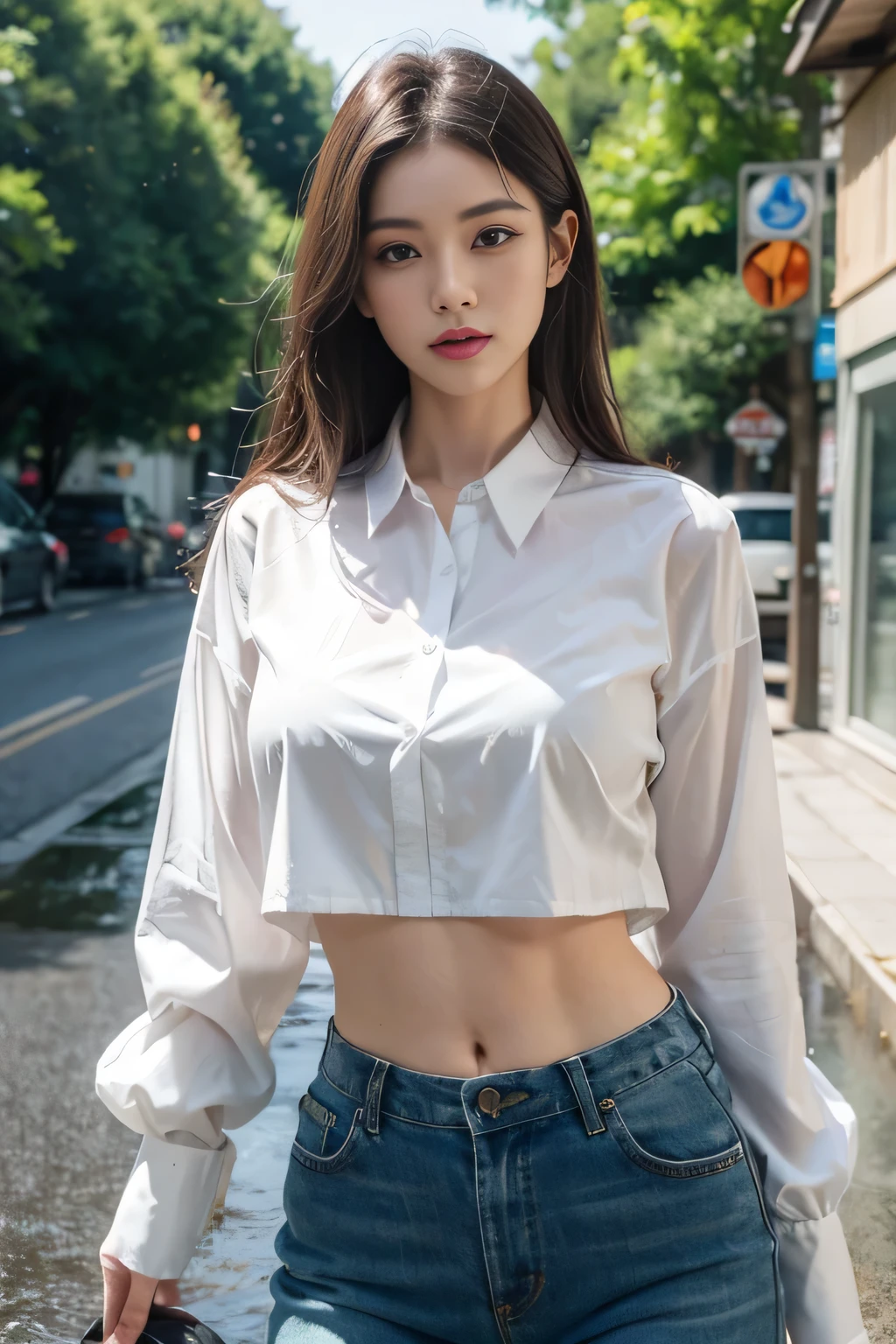 ((highest quality、8K、masterpiece: 1.3))、sharp: 1.2、perfect body beauty: 1.4、slim abs: 1.2、((Long Hair 1.2))、(Wet white buttoned long shirt: 1.1)、cropped navel、(rain、street: 1.2)、wet: 1.5、Highly detailed face and skin texture、fine eyes、double eyelid、looking at the camera、huge boobs、