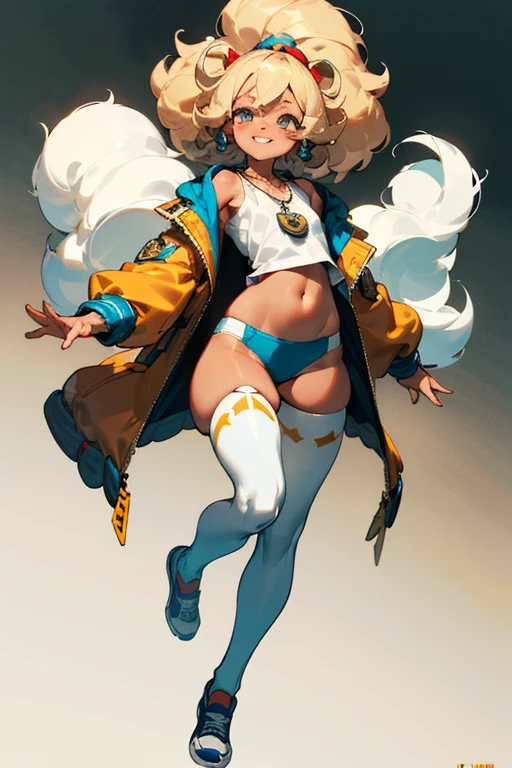 (Masterpiece: 1.5, best quality, high resolution: 1.3, super resolution, super detailed, ultra detailed: 1.3, rich background: 1.2, 1 woman)) tanned skin + blonde hair + curly fluffy hair + gray eyes + long eyelashes + chubby body + small chest + wide hips + thick thighs (oversized shirt that covers up to her thighs, thigh-high stockings, jacket, vans shoes, simple short necklace, long necklace with an emblem) ((smiles, turning to look, bottom from a busy street)) (colors for clothing and accessories: yellow, black, white, cream, red, light blue)