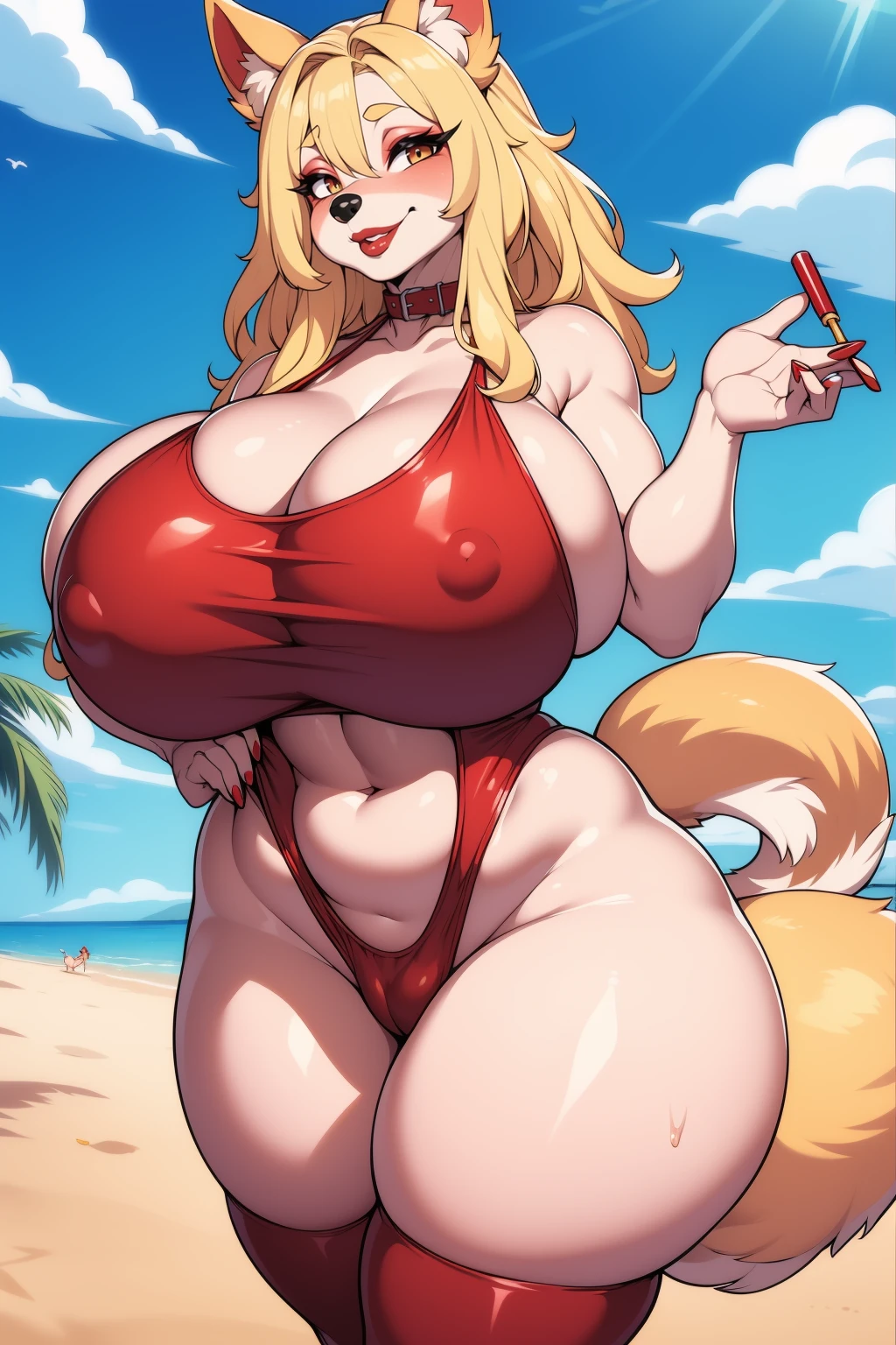 nsfw, ((bimbo)), (milf), (mature female), (anthro, fluffy fur), (anthro dog girl), (dog ears), (long drooping ears), ((body fur)), solo, ((enormous huge natural breasts)), sagging breasts, narrow waist, (wide hips), ((huge thighs)), huge ass, curvy, ((blonde hair)) , gradient hair, ((curly hair)), amber eyes, (puffy lips), (thick lips), ((red lips)), (eyeshadow), (eyeliner), smile, parted lips, (red one-piece swimsuit), dog collar, oily breasts, beach, head tilt, hand on own chest, sexy pose, front view,