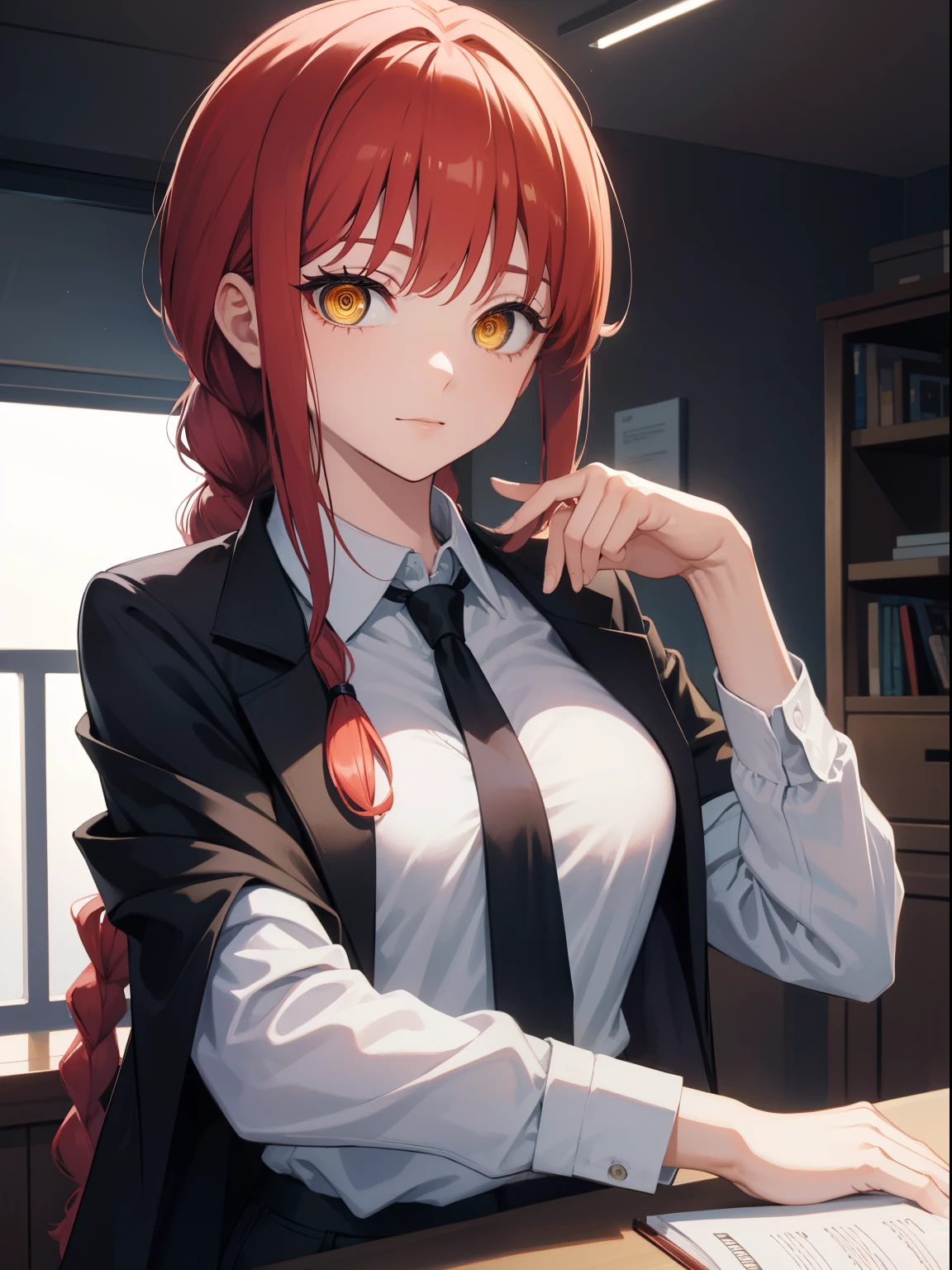 makima, makima, long hair, smile, closed mouth bangs, medium breasts, (yellow eyes:1.2), braid, red hair, braided ponytail, ringed eyes, BREAK shirt, long sleeves, jacket, white shirt, cleavage, sitting on table, loose necktie, collared shirt, pants, black jacket, black blazer, black pants, formal, suit, loose black necktie, shirt tucked in, office lady, BREAK indoors, office, BREAK looking at viewer, BREAK (masterpiece:1.2), best quality, high resolution, unity 8k wallpaper, (illustration:0.8), (beautiful detailed eyes:1.6), extremely detailed face, perfect lighting, extremely detailed CG, (perfect hands, perfect anatomy),