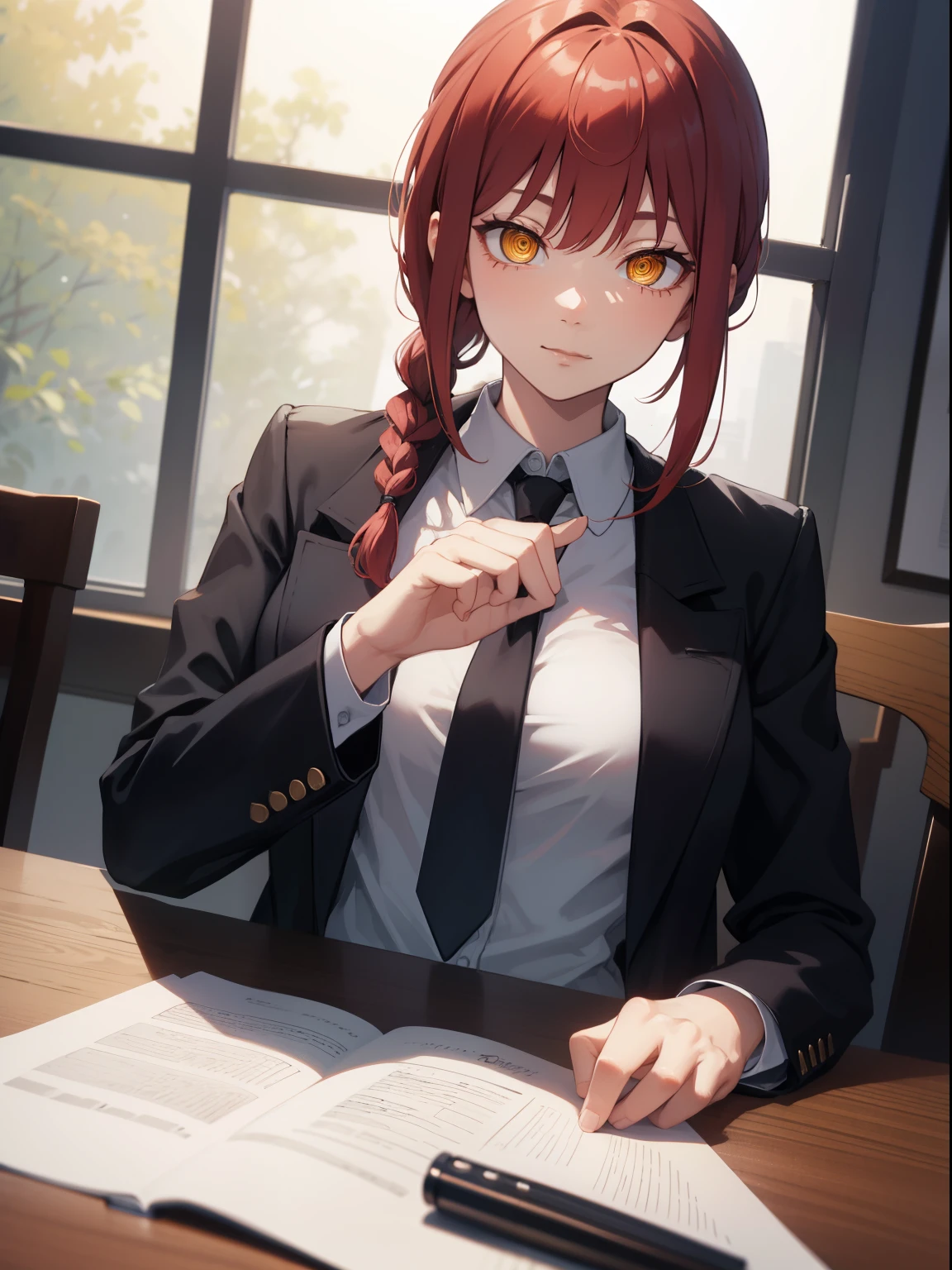 makima, makima, long hair, smile, closed mouth bangs, medium breasts, (yellow eyes:1.2), braid, red hair, braided ponytail, ringed eyes, BREAK shirt, long sleeves, jacket, white shirt, cleavage, sitting on table, loose necktie, collared shirt, pants, black jacket, black blazer, black pants, formal, suit, loose black necktie, shirt tucked in, office lady, BREAK indoors, office, BREAK looking at viewer, BREAK (masterpiece:1.2), best quality, high resolution, unity 8k wallpaper, (illustration:0.8), (beautiful detailed eyes:1.6), extremely detailed face, perfect lighting, extremely detailed CG, (perfect hands, perfect anatomy),