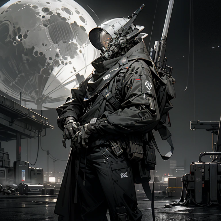 On the moon, grey is the main color, holding_weapon, no_humans, lowing_eyes, robot, Milky Way Galaxy background,neon,cyberpunk,
best quality, masterpiece, absurdres, monochrome, game cg,