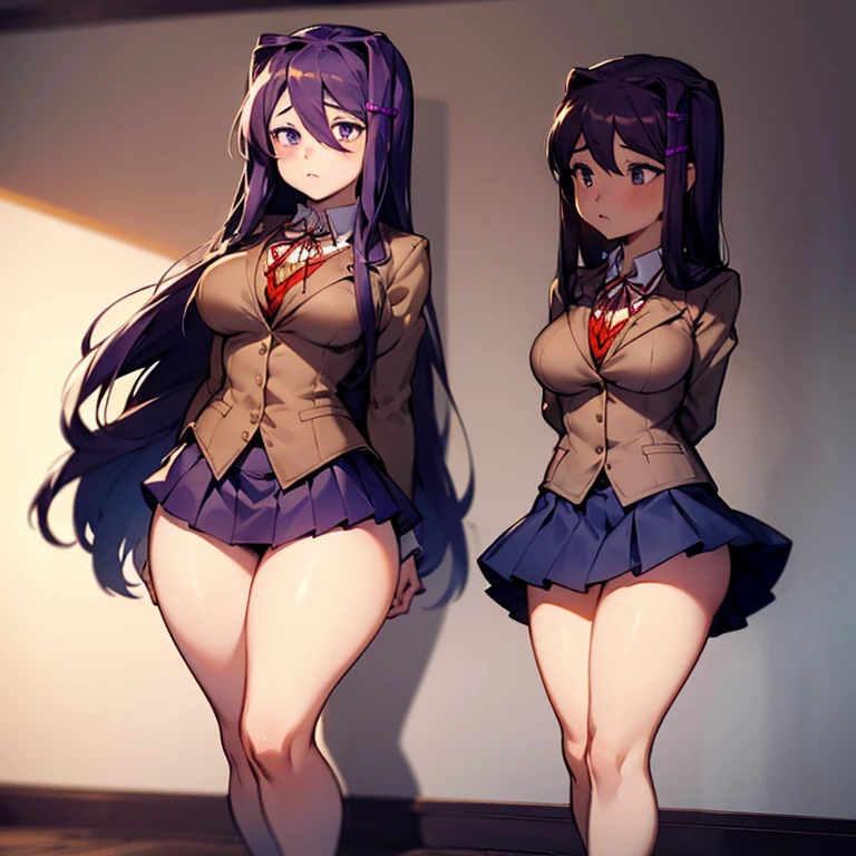 2d, best quality, anime, highly detailed, 1girl, solo, yuri, purple eyes, dark purple hair, long hair, straight hair, hair ornament, school uniform, blazer, brown sweater, collared shirt, neck ribbon, blue skirt, standing, hands on hips, pouty lips, classroom,masterpiece, thick thighs, tall

((short_skirt:1.9, tiny_skirt:1.9)),

((huge_wide_hips:2.0)),Chubby