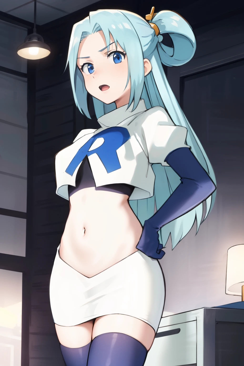 ,anime screencap,anime coloring,
1girl, long hair, solo, blue hair, blue eyes, hair rings, hair ornament, breasts, team rocket,team rocket uniform,white skirt,crop top,black thigh-highs,black elbow gloves,