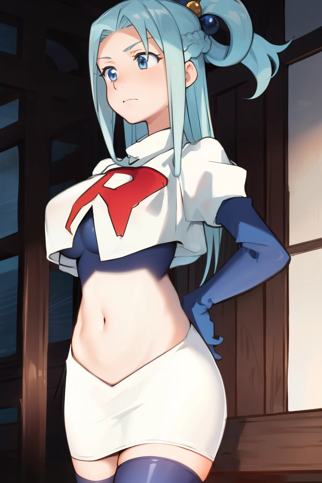 ,anime screencap,anime coloring,
1girl, long hair, solo, blue hair, blue eyes, hair rings, hair ornament, breasts, team rocket,team rocket uniform,white skirt,crop top,black thigh-highs,black elbow gloves,