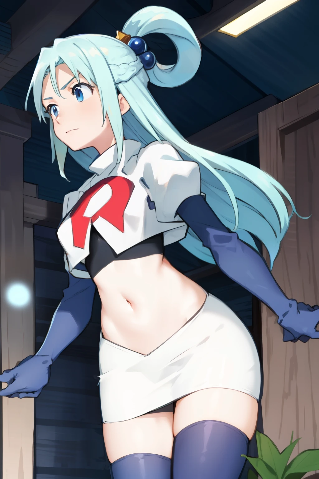 masterpiece, highres, 1girl, black hair, brown eyes, long hair, team rocket,team rocket uniform, red letter R, white skirt,white crop top,black thigh-highs,black elbow gloves