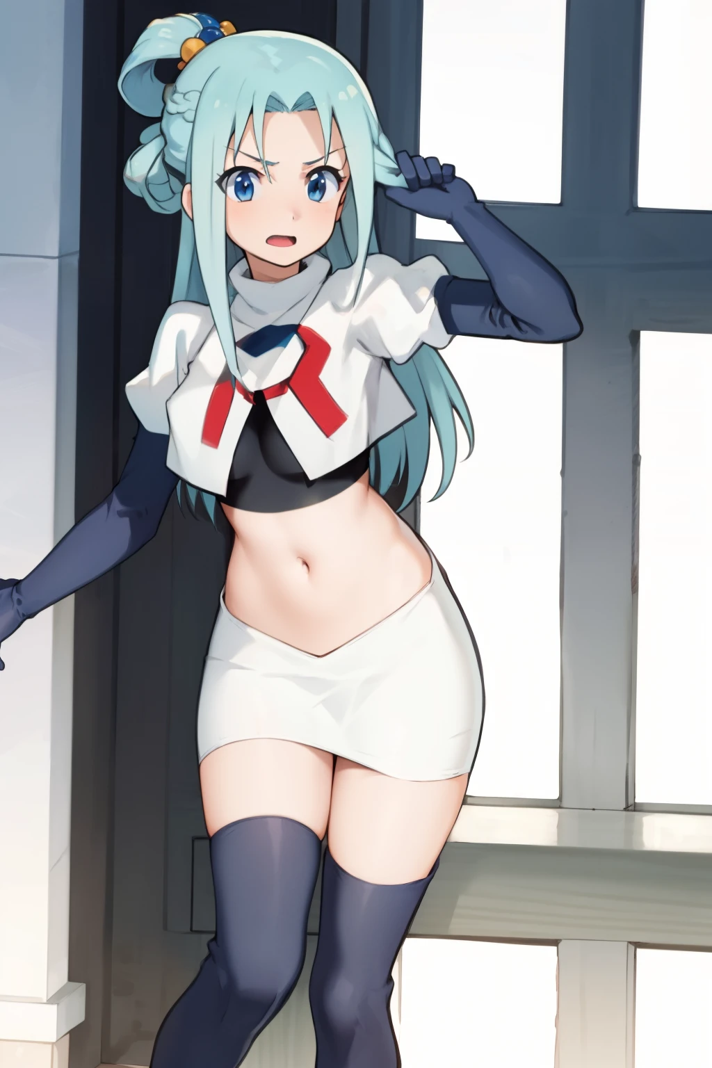 ,anime screencap,anime coloring,
1girl, long hair, solo, blue hair, blue eyes, hair rings, hair ornament, , team rocket,team rocket uniform,white skirt,crop top,black thigh-highs,black elbow gloves,