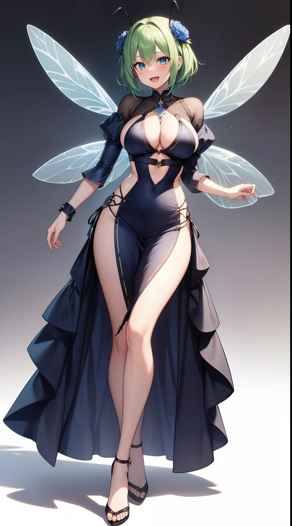 adult insect woman, slim body, giant breasts, long legs, insect wings, tail with stinger, fangs, green hair, blue eyes, loose sexy dress, 8k, hd, masterpiece, full dynamic body, white background