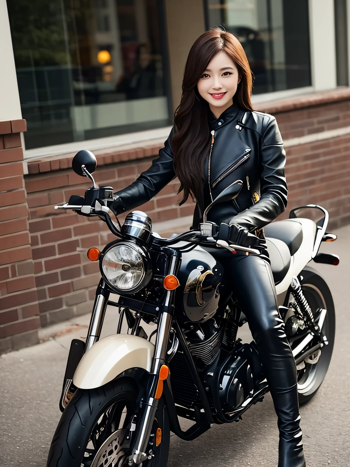 Sharp and clear images、Photo of a woman wearing leather pants、smile、Riding an elaborately decorated motorcycle