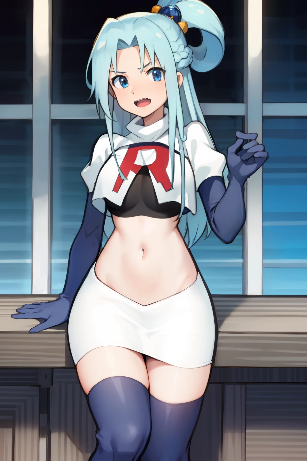 nejire hado, 1girl, solo, long hair, breasts, looking at viewer, smile, open mouth, bangs, blue eyes, medium breasts, very long hair, blue hair, :d, team rocket,team rocket uniform,white skirt,crop top,black thigh-highs,black elbow gloves