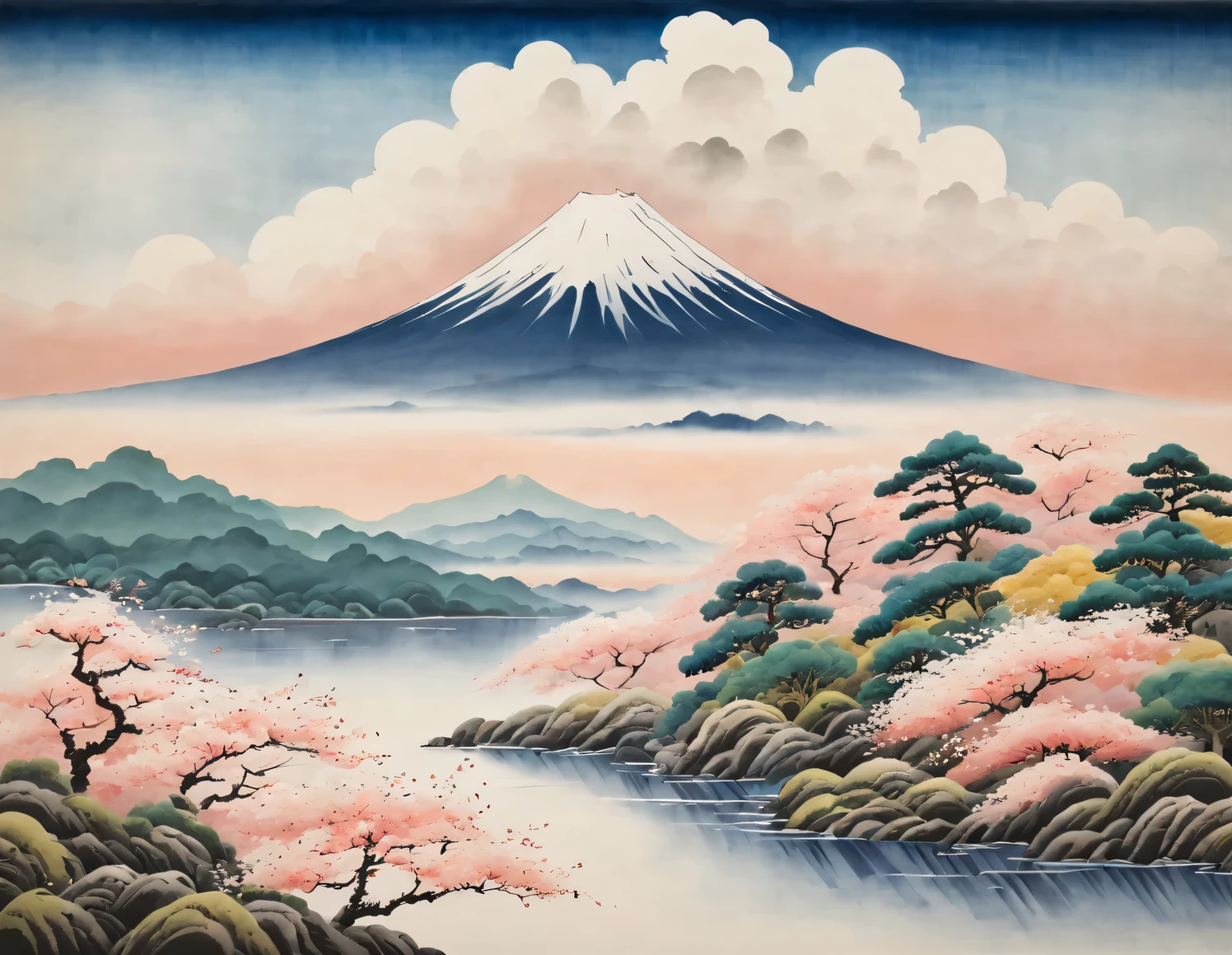 Soft Color Tones, Japanese painting by Meisho-e, Fujiyama and clouds