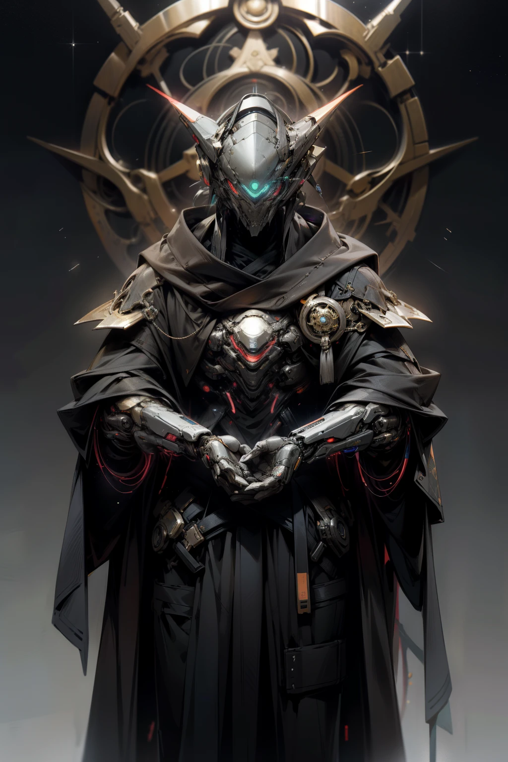 In the realm of cyberpunk art, a master alchemist emerges, cloaked in an enigmatic aura. His attire is a fusion of ancient and futuristic elements, donning a mestre's robe infused with alien cybernetics. Instantly adapting to his environment, he becomes invisible, a chameleon among the stars.
His body, a living testament to intergalactic technology, is embedded with organic cybernetic implants. These advanced prosthetics fuse seamlessly with his flesh, granting him unparalleled access to the vast interconnected information network. His eyes, a striking contrast of vibrant alien cybernetics and organic tissue