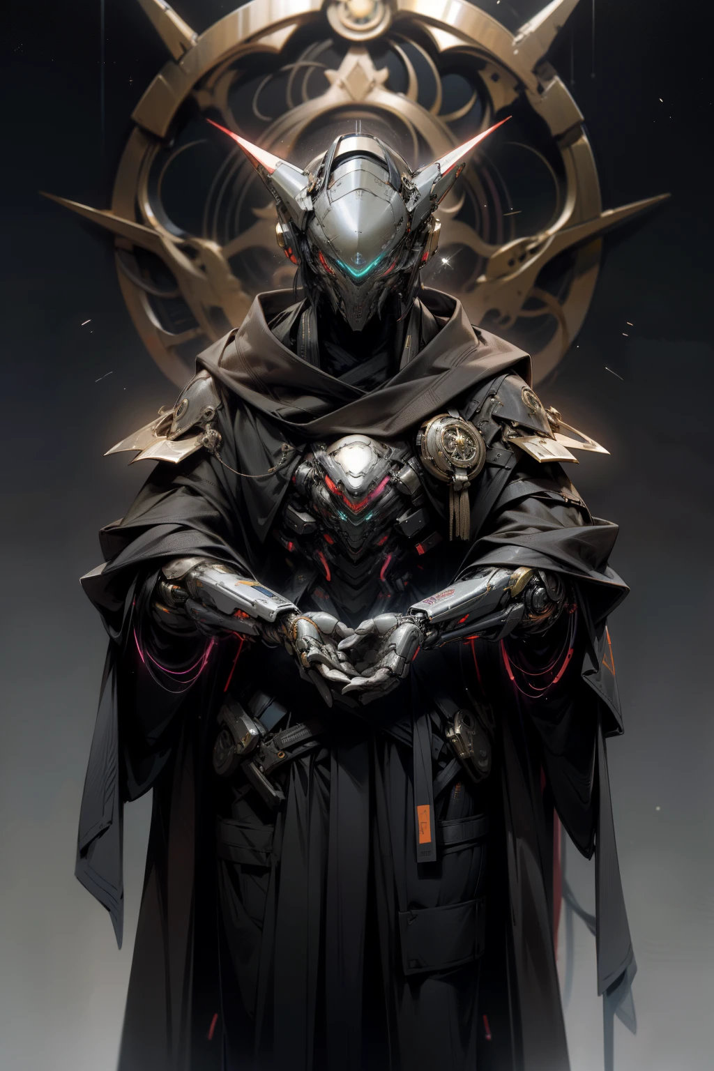 In the realm of cyberpunk art, a master alchemist emerges, cloaked in an enigmatic aura. His attire is a fusion of ancient and futuristic elements, donning a mestre's robe infused with alien cybernetics. Instantly adapting to his environment, he becomes invisible, a chameleon among the stars.

His body, a living testament to intergalactic technology, is embedded with organic cybernetic implants. These advanced prosthetics fuse seamlessly with his flesh, granting him unparalleled access to the vast interconnected information network. His eyes, a striking contrast of vibrant alien cybernetics and organic tissue