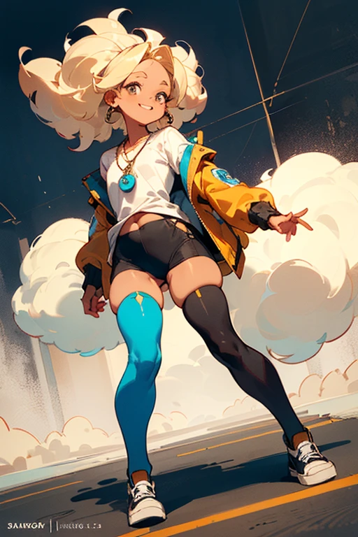 (Masterpiece: 1.5, best quality, high resolution: 1.3, super resolution, super detailed, ultra detailed: 1.3, rich background: 1.2, 1 woman)) tanned skin + blonde hair + curly fluffy hair + gray eyes + long eyelashes + chubby body + small chest + wide hips + thick thighs (oversized shirt that covers up to her thighs, thigh-high stockings, jacket, vans shoes, simple short necklace, long necklace with an emblem) ((smiles, turning to look, bottom from a busy street)) (colors for clothing and accessories: yellow, black, white, cream, red, light blue)