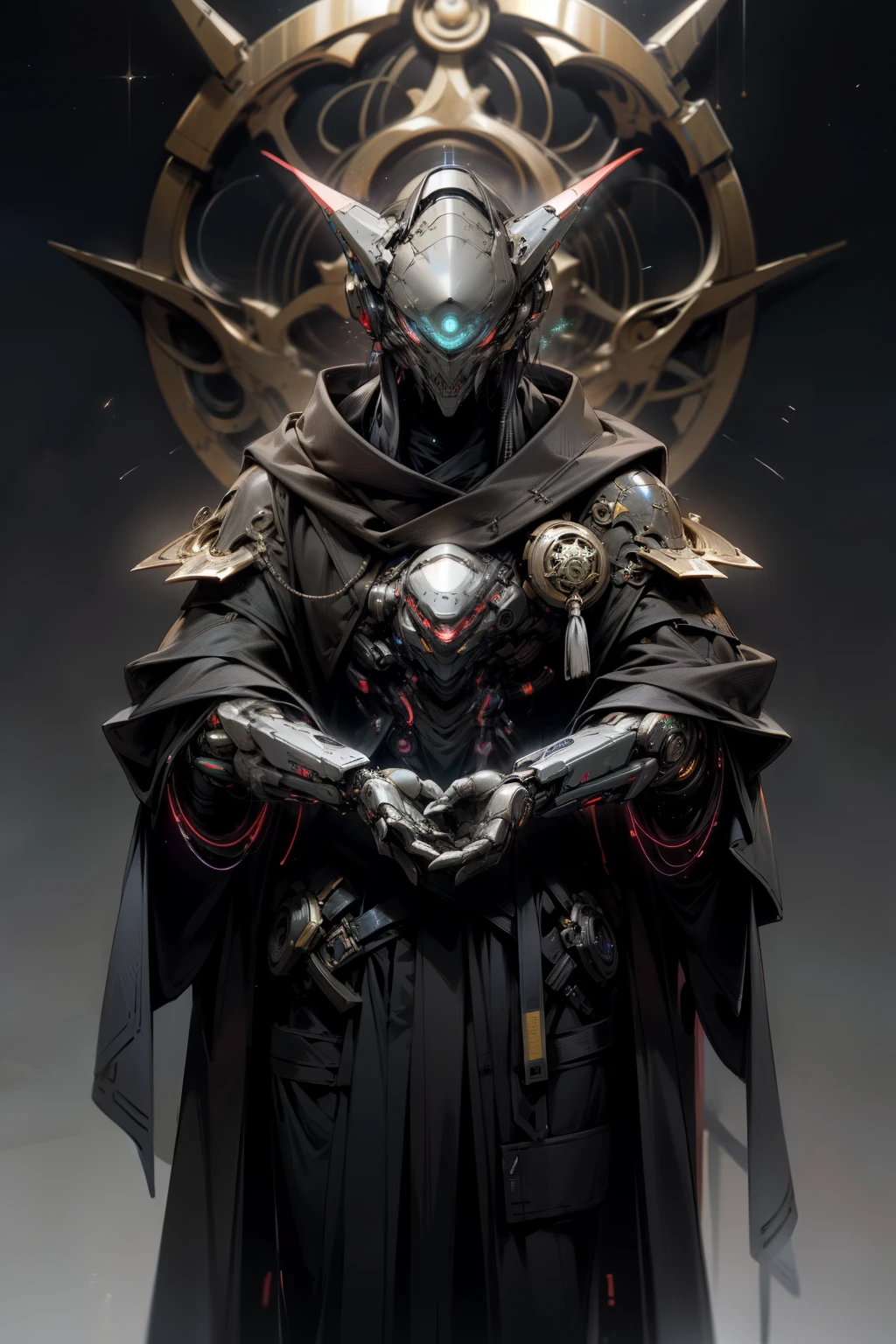 In the realm of cyberpunk art, a master alchemist emerges, cloaked in an enigmatic aura. His attire is a fusion of ancient and futuristic elements, donning a mestre's robe infused with alien cybernetics. Instantly adapting to his environment, he becomes invisible, a chameleon among the stars.
His body, a living testament to intergalactic technology, is embedded with organic cybernetic implants. These advanced prosthetics fuse seamlessly with his flesh, granting him unparalleled access to the vast interconnected information network. His eyes, a striking contrast of vibrant alien cybernetics and organic tissue