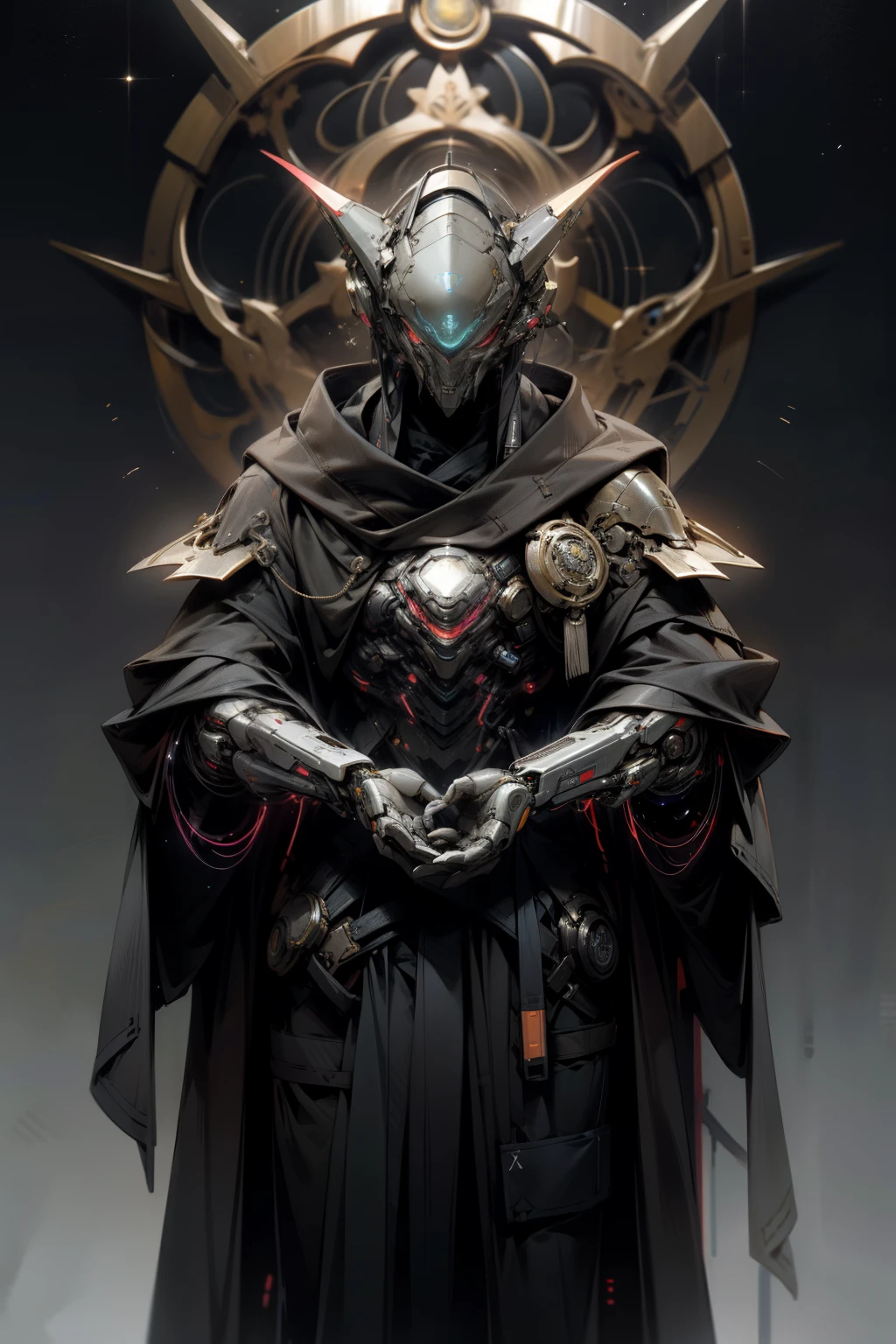 In the realm of cyberpunk art, a master alchemist emerges, cloaked in an enigmatic aura. His attire is a fusion of ancient and futuristic elements, donning a mestre's robe infused with alien cybernetics. Instantly adapting to his environment, he becomes invisible, a chameleon among the stars.
His body, a living testament to intergalactic technology, is embedded with organic cybernetic implants. These advanced prosthetics fuse seamlessly with his flesh, granting him unparalleled access to the vast interconnected information network. His eyes, a striking contrast of vibrant alien cybernetics and organic tissue