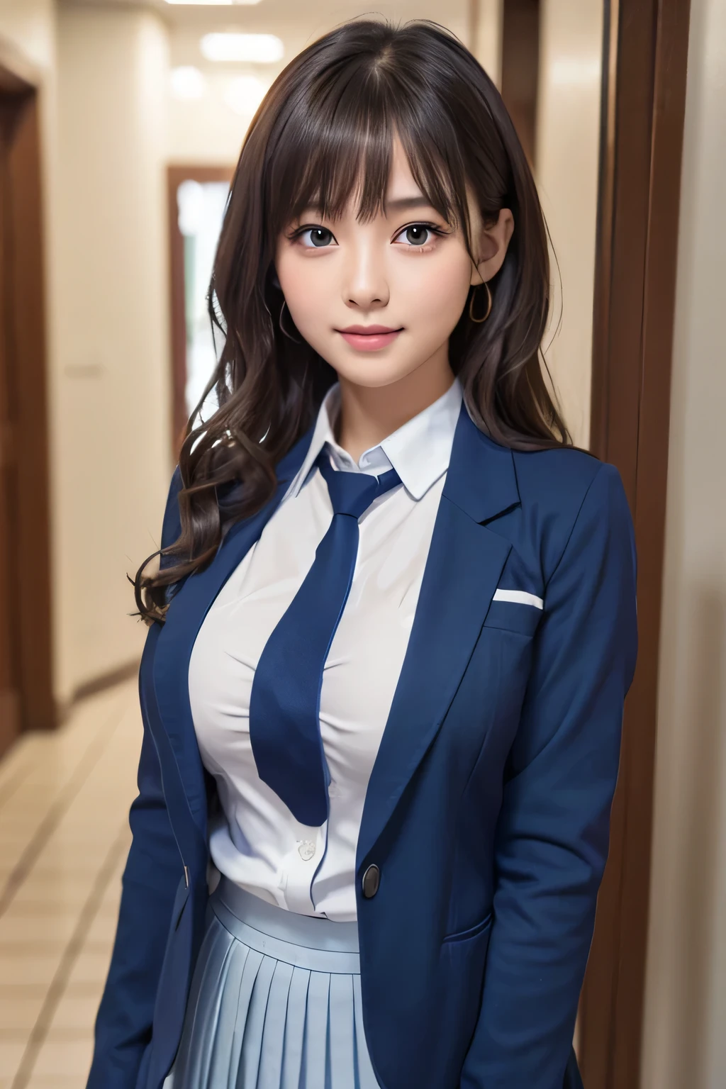 8K, highest quality, real image, intricate details, Super detailed, ultra high resolution, depth field,(realistic,realistic:1.2), frontal shot , From the middle , 1 girl, eye_Chan, very beautiful 17 year old girl, innocent big eyes,、beautiful breasts:1.5、非常に詳細なeye:1.2)、(beautiful breasts:1.1)、wavy hair、curly hair、bangs、, perfect skin, Fair skin, cleavage, tight waist, huge breasts、light blush, alone、 looking at the viewer, light smile, ((School_uniform),(dark blue blazer), (white shirt、Wearing a tie), (gray pleated skirt), (sculpture installation :1.1)、High School Hallway