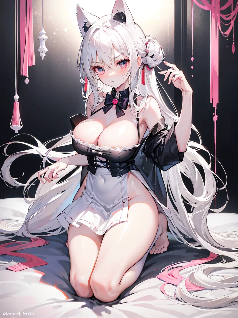 big breasts,Wearing maid outfit,blush, surprise,look at me,red pupils,Lace tights,beautiful hair、 beautiful eyes、 beautiful skin、beautiful legs、beautiful arms、perfect fingers、 very cute,white hair, long hair,white cat ears, white cat tail,best quality,high resolution,top quality、 looking at the audience,sitting,kneeling&Place on the bed,Knees together,internal figure eight,Beautiful girl alone,pink bows,slender eyebrows,hair slightly moist,On a very large white bed, white pillows,perfect waist,Skirt has cutouts at the end,Pouting,The clothes are a little wet,,very young,18 years old,shy smile,Long messy white hair tied up,tempting pose,chiaroscuro,bare shoulders,Naked room,slit sleeves,There are a few drops of water on the breast,bare legs,barefoot,Ray tracing,disdainful expression,Lift up the skirt a little,Most of the body is exposed