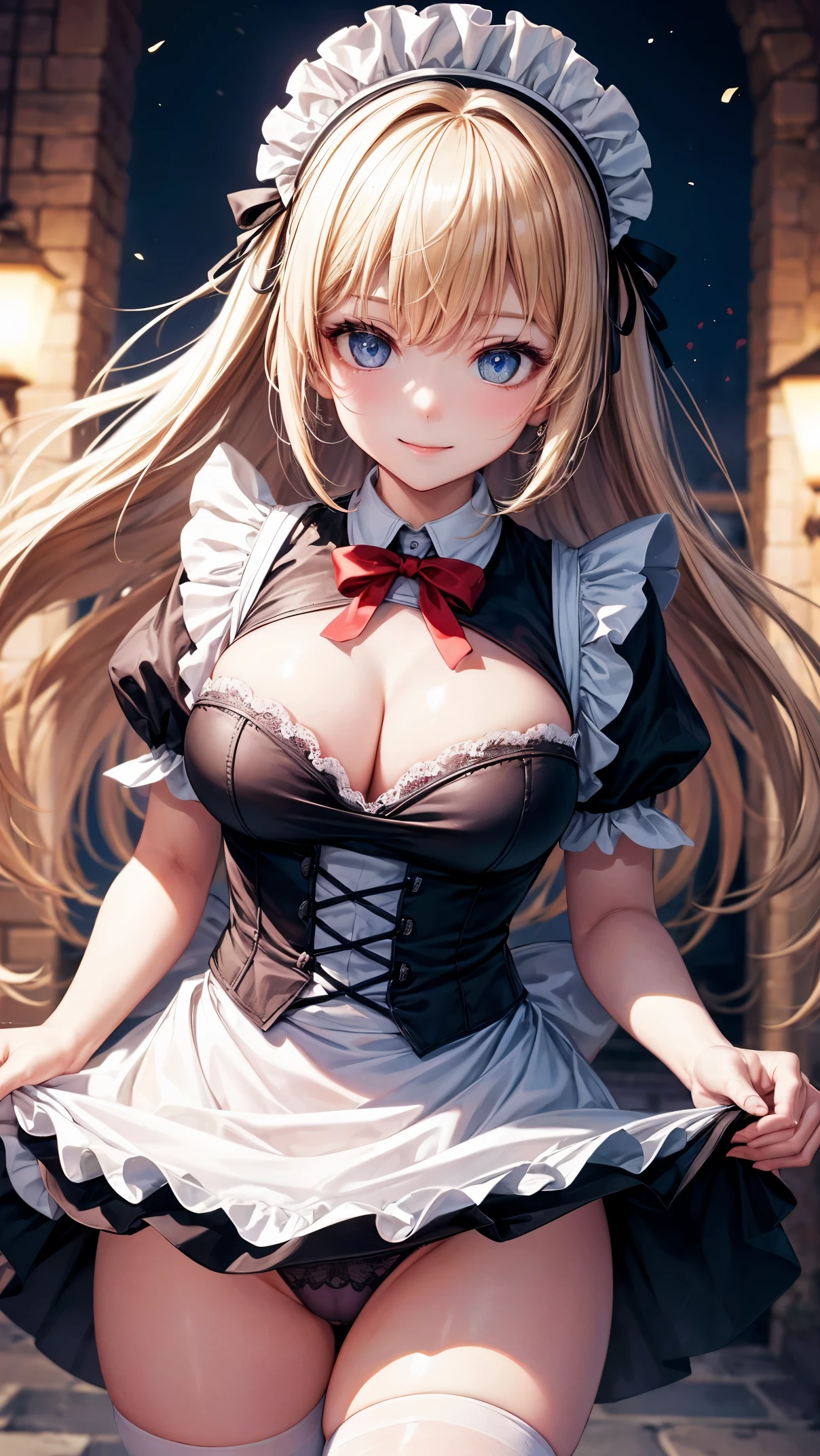 ((highest quality、High resolution、8K、masterpiece:1.3))、dynamic angle、I can see the whole body、wallpaper、1 girl、unparalleled beauty、ultimate beauty、super detailed face、delicate eyes、smile shyly、sexy look、looking at the camera、Depth of bounds written、light particles、side light、long hair、blonde、maid、宝石で装飾されたmaid服、(Holding down the skirt with both hands)、(The wind flips up the skirt and reveals the panties.)、Open chest、big breasts、cleavage、Thighhighs、thighs、slim、slender、Old castle at night