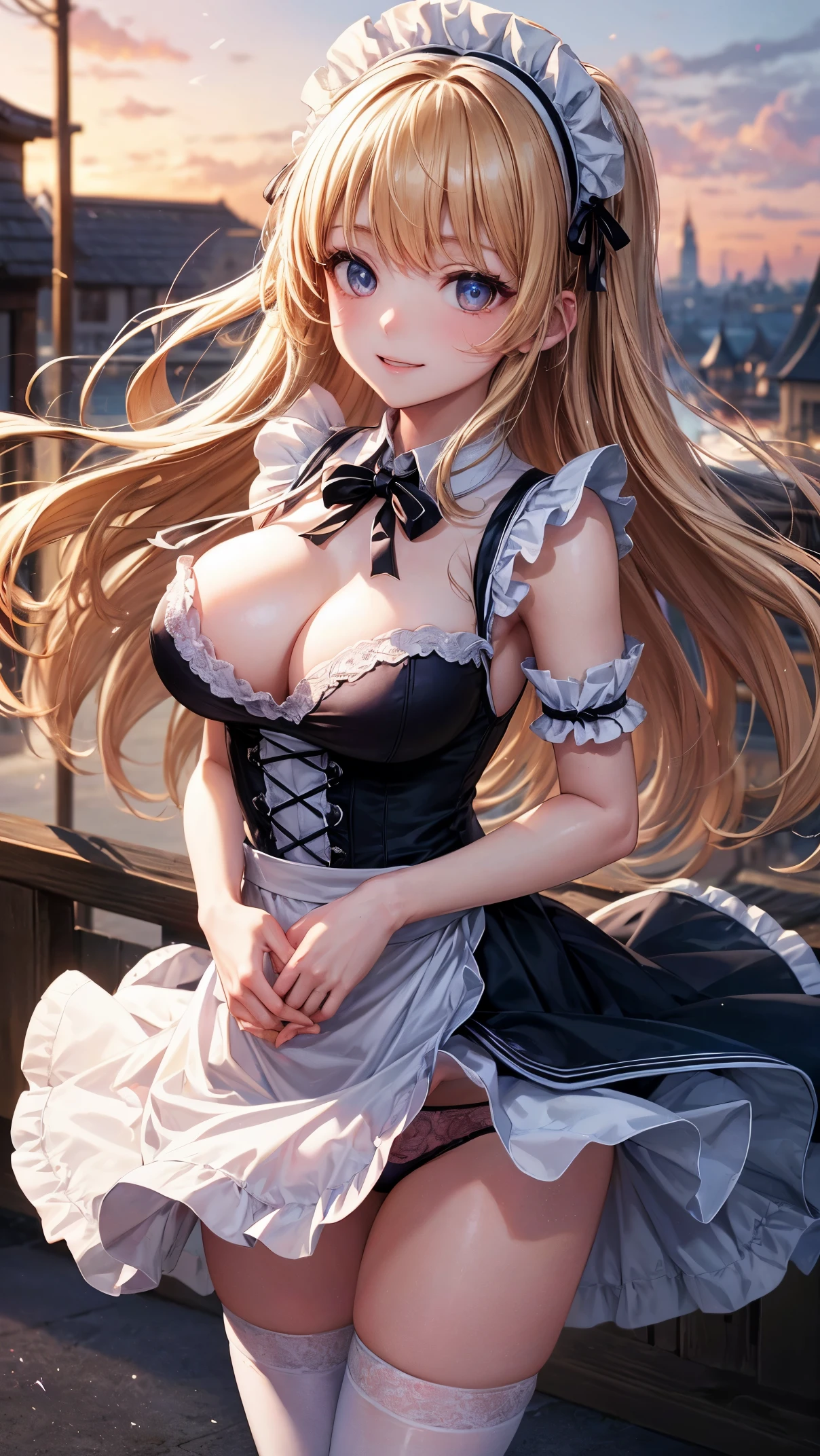 ((highest quality、High resolution、8K、masterpiece:1.3))、dynamic angle、I can see the whole body、wallpaper、1 girl、unparalleled beauty、ultimate beauty、super detailed face、delicate eyes、smile shyly、sexy look、looking at the camera、Depth of bounds written、light particles、side light、long hair、blonde、maid、宝石で装飾されたmaid服、(Holding down the skirt with both hands)、(The wind flips up the skirt and reveals the panties.)、Open chest、big breasts、cleavage、Thighhighs、thighs、slim、slender、Old castle at night