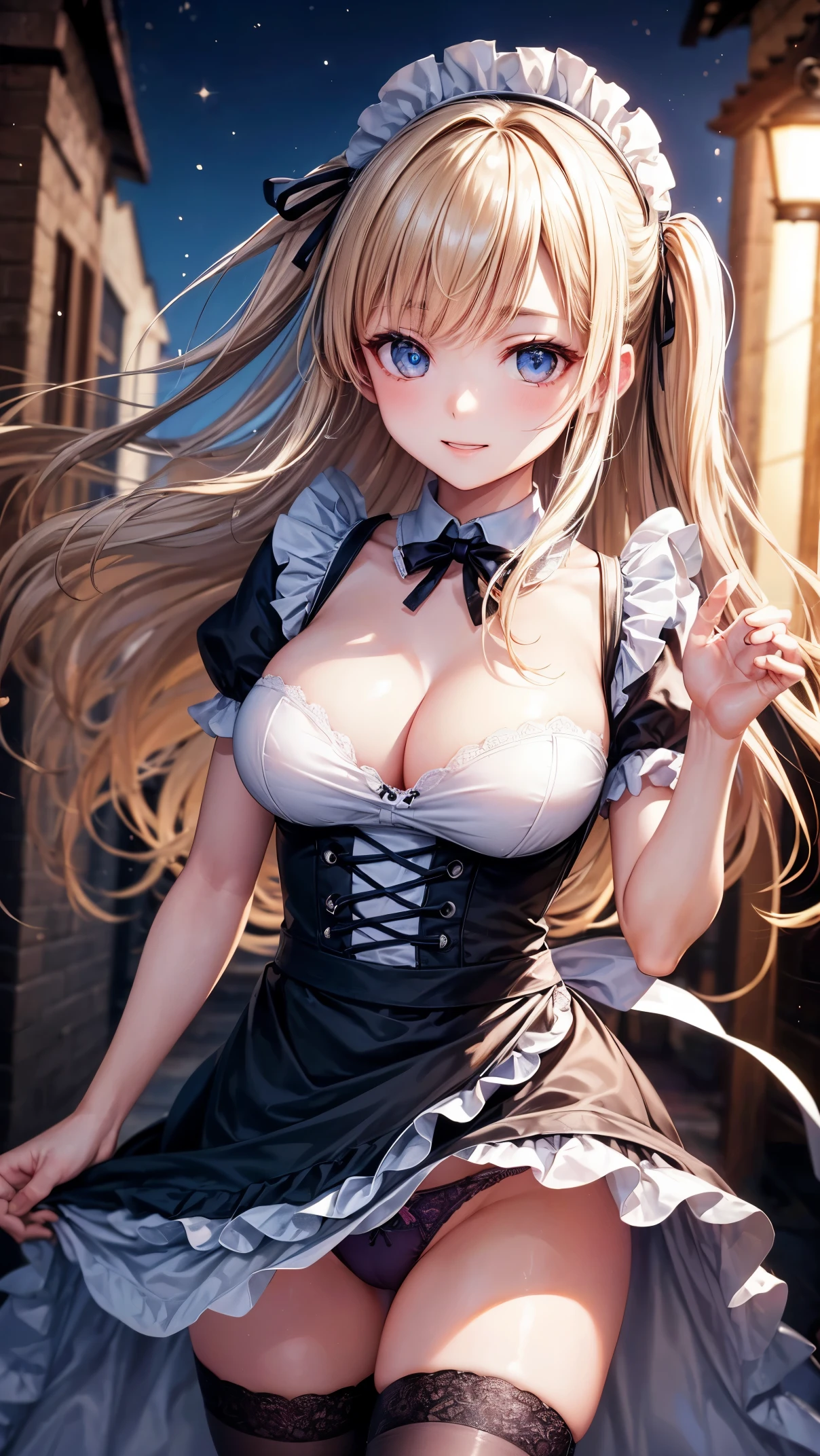 ((highest quality、High resolution、8K、masterpiece:1.3))、dynamic angle、I can see the whole body、wallpaper、1 girl、unparalleled beauty、ultimate beauty、super detailed face、delicate eyes、smile shyly、sexy look、looking at the camera、Depth of bounds written、light particles、side light、long hair、blonde、maid、宝石で装飾されたmaid服、(Holding down the skirt with both hands)、(The wind flips up the skirt and reveals the panties.)、Open chest、big breasts、cleavage、Thighhighs、thighs、slim、slender、Old castle at night