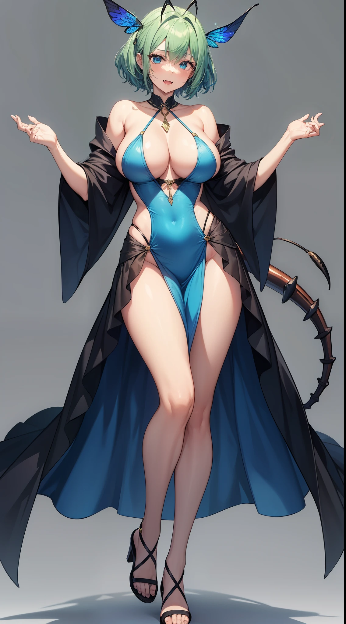 adult insect woman, slim body, giant breasts, long legs, insect wings, tail with stinger, fangs, green hair, blue eyes, loose sexy dress, 8k, hd, masterpiece, full dynamic body, white background