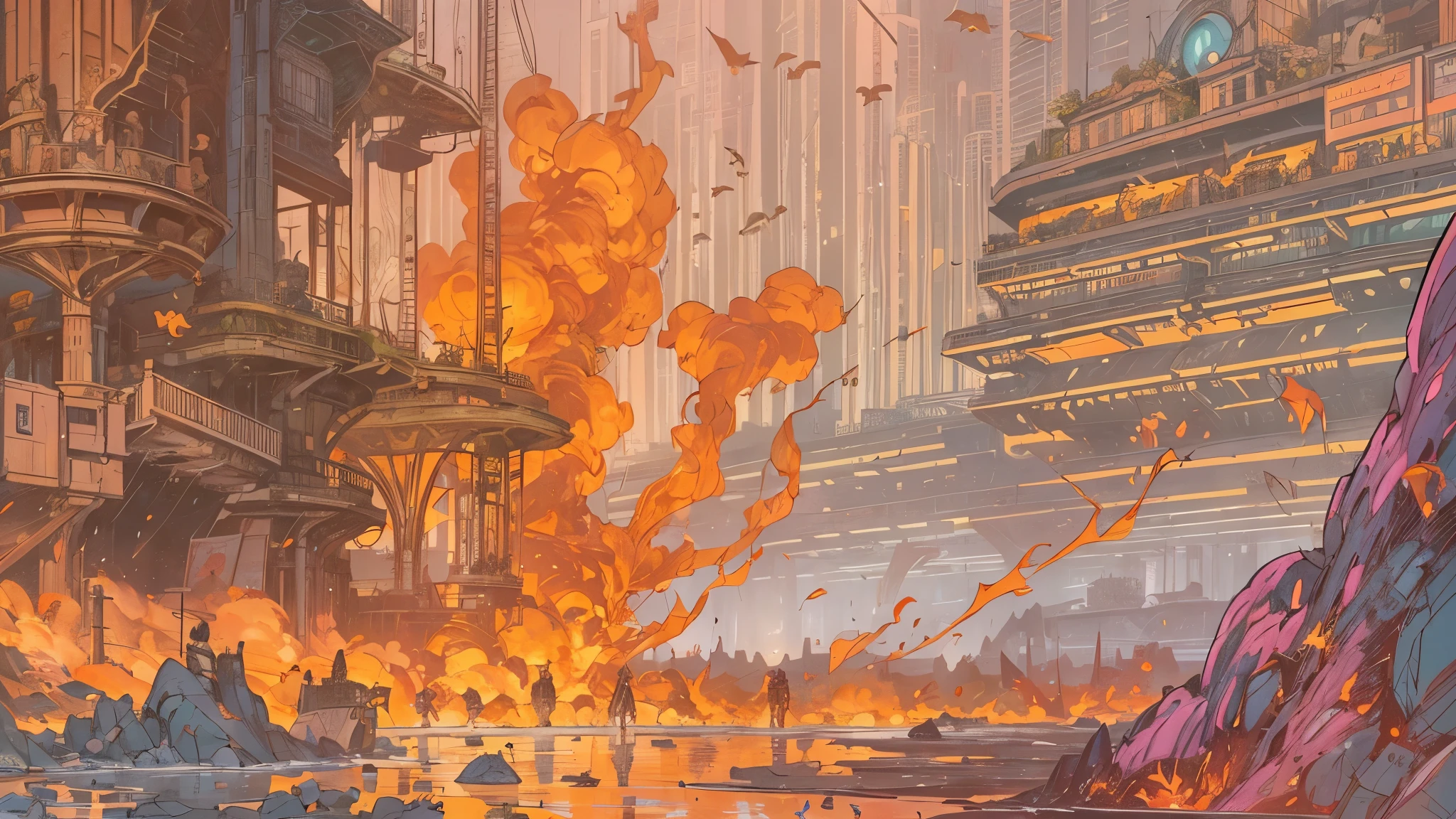 a close up of a comic page with a bunch of orange flames, metabaron, enki bilal style, saga comic, moebius and kilian eng, inside page of comic book, vertigo comic, moebius comic style, exploitable image, kilian eng. mœbius, by Joe de Mers, color spread, inspired by Enki Bilal