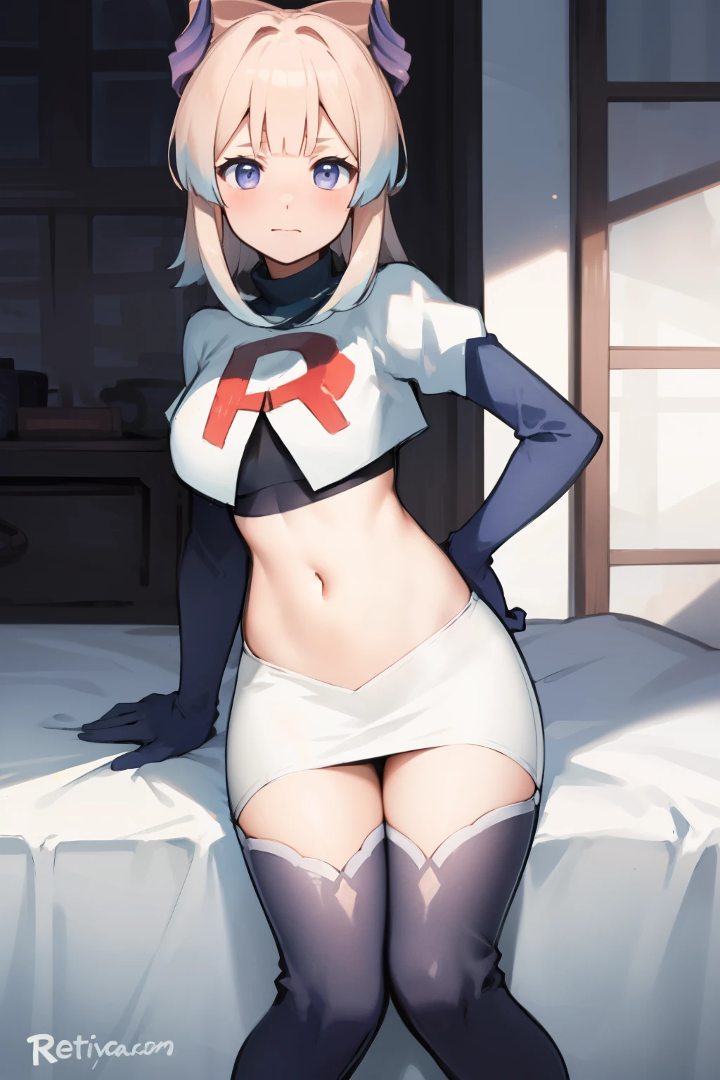 kokomidef, blush, short hair, looking at viewer, team rocket,team rocket uniform,white skirt,crop top,black thigh-highs,black elbow gloves,