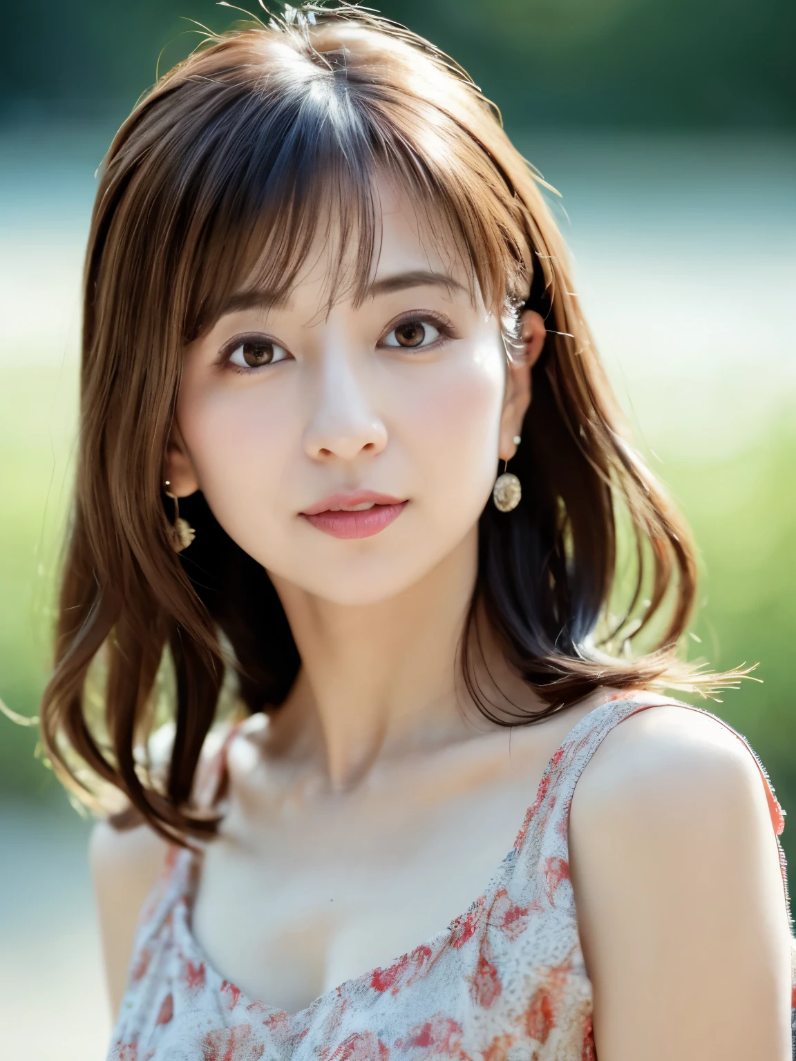 1 Japanese woman, 40 years old, very beautiful, (Super cute), (Highly detailed beautiful face), wonderful face and eyes, rather dense hair, different hairstyles, slightly brighter eyes, Normal makeup, (Mini dress with camisole), (highest quality:1.4), (super detailed), Highly detailed CG integrated 8k wallpaper, surreal, (Photoreal:1.4), Raw photo, professional photos, cinematic lighting, realistic portrait, ((Bokeh)), (Depth of bounds written:1.4), (look at the photographer:1.3), (In a park with a pond), small breasts, extremely thin waist, (Full body Esbian), accurate eye, beautiful mouth, (Keep your mouth completely closed), (evening:1.3), (look at the camera), (brilliant sunset:1.25), sleeveless, melancholy look