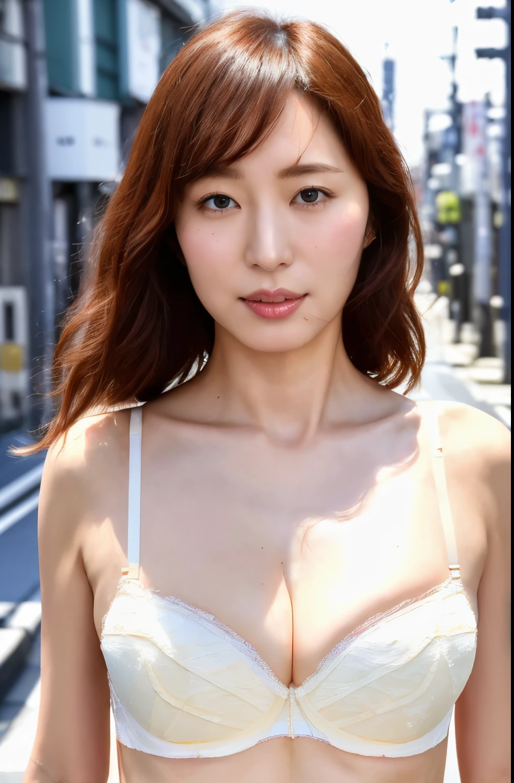 ((highest quality、8K resolution、master masterpiece、portrait:1.3)), Photoreal, 35mm film, 1 Japanese woman, beautiful woman, 40 years old,Misumi Shiochi、 On the street in the daytime, wrinkles around the eyes, plump body, ((white bra is very、panties :1.5)) , (Tokyo cityscape: 1.3), jumbled background,