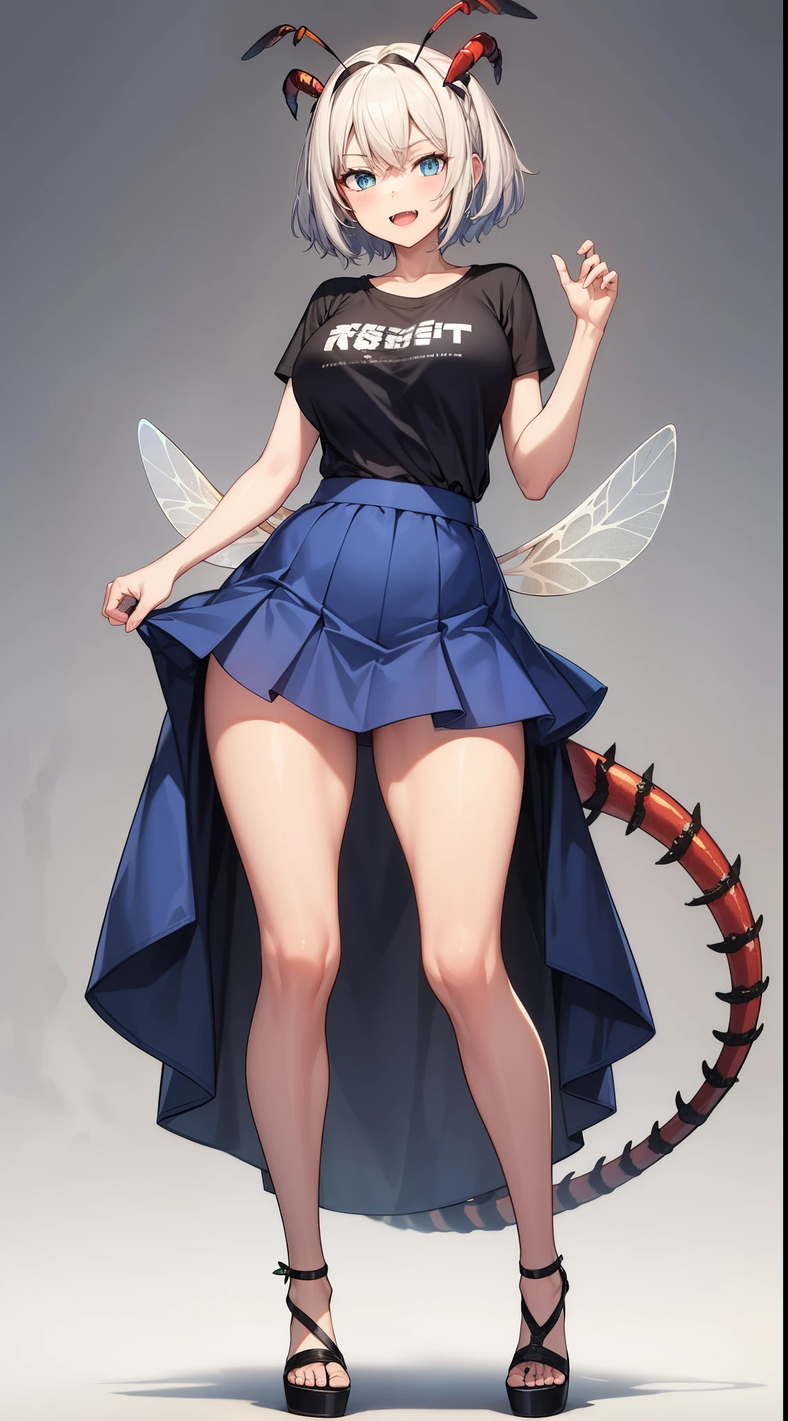 adult insect woman, slim body, giant breasts, long legs, insect wings, tail with stinger, fangs, green long hair, blue eyes, loose skirt dress, t shirt, 8k, hd, masterpiece, full dynamic body, white background