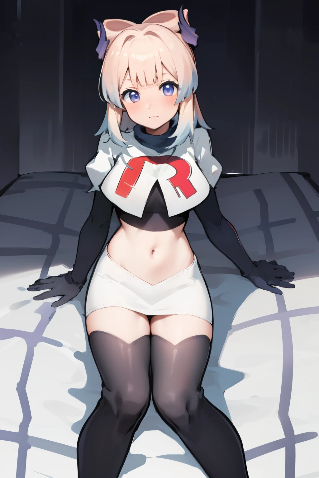 kokomidef, blush, short hair, looking at viewer, team rocket,team rocket uniform,white skirt,crop top,black thigh-highs,black elbow gloves,