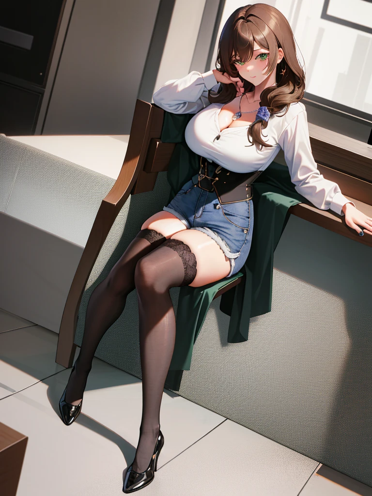 Lisa, genshin impact, 1 girl, alone, ((white shirt)), black Thighhighs, huge breasts, cleavage, uniform, office background, denim shorts, office, hair between eyes, messy hair, large chest, long hair, looking at the viewer, brown hair, red short nails, green eyes, alone, Thighhighs, (Thin knees, thick thighs), very long hair, ((masterpiece)), classroom, machine, Chair, board, class board, Teaching, adult women, very sexy woman, erotic pose, erotic expression, Erotic position