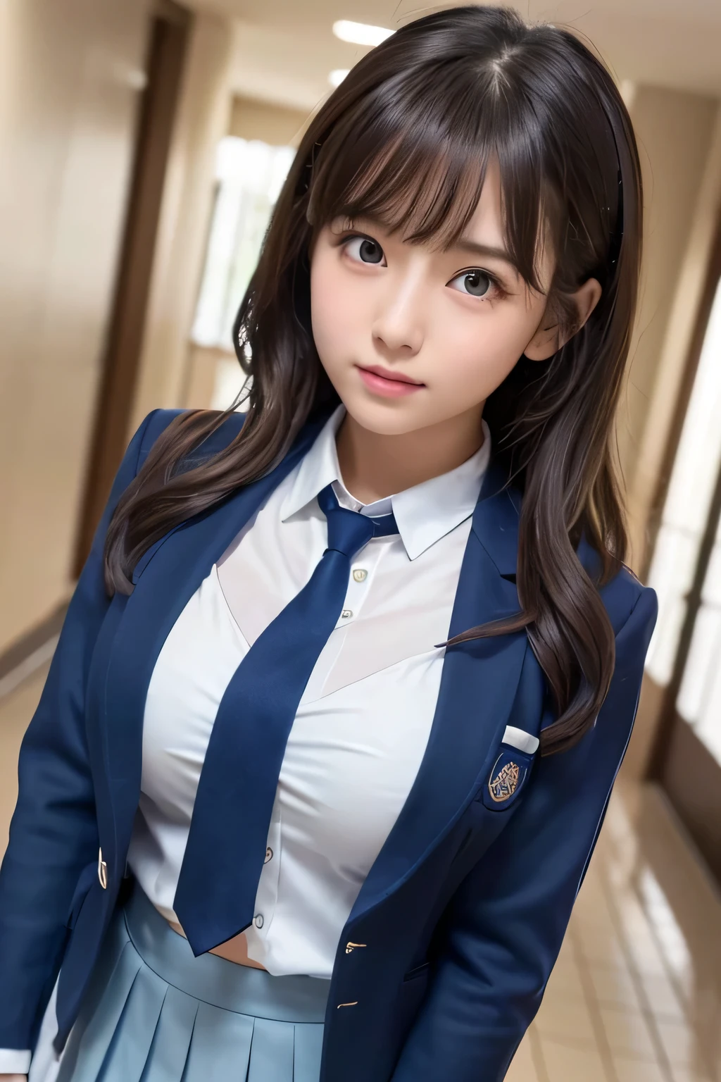 8K, highest quality, real image, intricate details, Super detailed, ultra high resolution, depth field,(realistic,realistic:1.2), frontal shot , From the middle , 1 girl, eye_Chan, very beautiful girl, innocent big eyes,、beautiful breasts:1.5、非常に詳細なeye:1.2)、(beautiful breasts:1.1)、wavy hair、curly hair、bangs、, perfect skin, Fair skin, cleavage, tight waist, huge breasts、light blush, alone、 looking at the viewer, (Are crying, crying face), ((School_uniform),(dark blue blazer), (white shirt、Wearing a tie), (gray pleated skirt), (sculpture installation :1.1)、High School Hallway