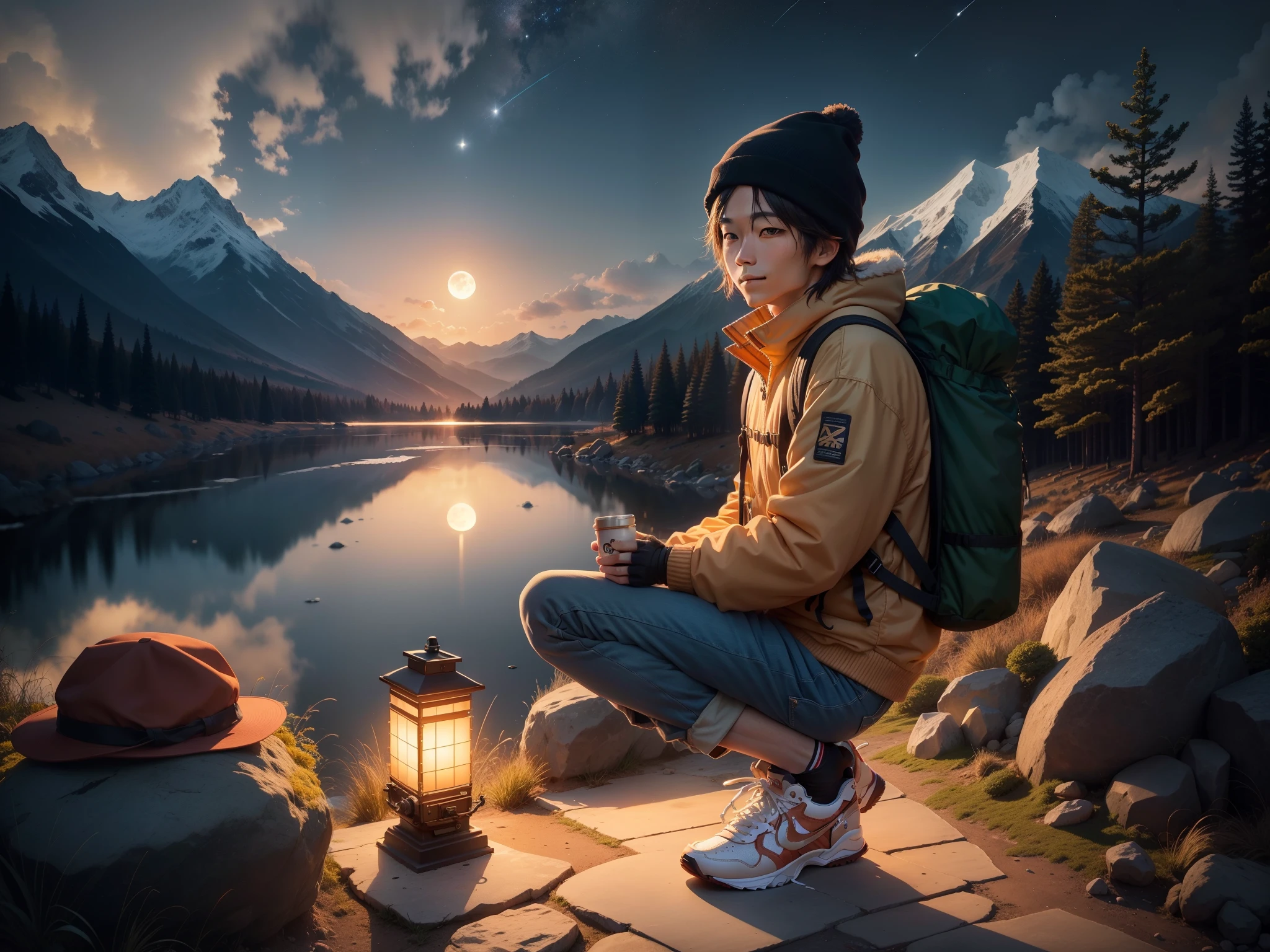 1 Japan man ((full shot showing sneakers, happy)), masterpiece, top quality, super detail, ground, outdoor, (night), mountain, nature, (stars, moon) cheerful, happy, backpack, bag sleeping, camping stove, water bottle, mountain boots, gloves, sweater, hat, lantern, forest, stone, river, wood, smoke, shadow, contrast, clear sky, style, (warm shades, warm tones)