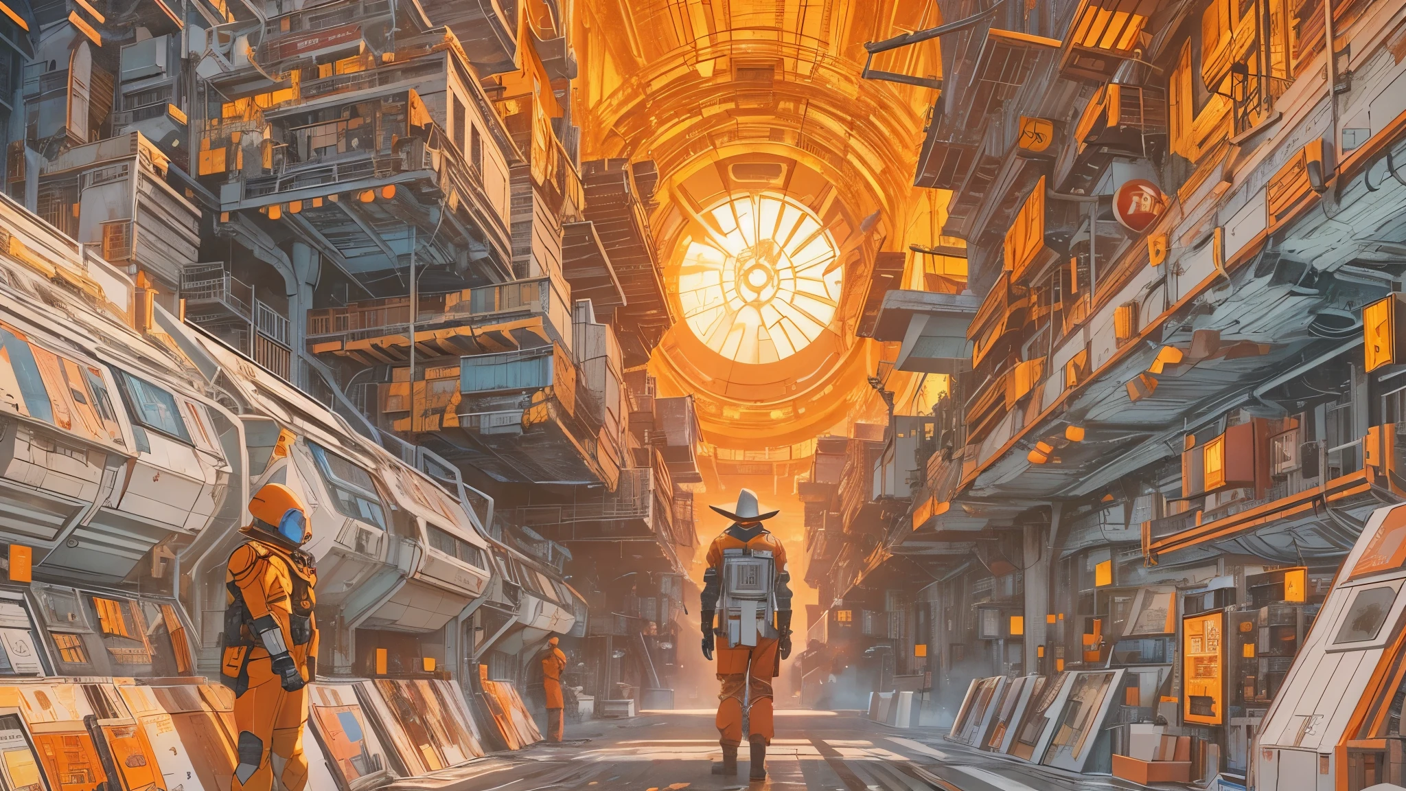 orange flames, metabaron, enki bilal style, saga comic, moebius and kilian eng, inside page of comic book, vertigo comic, moebius comic style, exploitable image, kilian eng. mœbius, by Joe de Mers, color spread, inspired by Enki Bilal, This RAW masterpiece showcases an ultra-high resolution, photorealistic full-body portrait, illuminated by the warm glow of sunlight. The scene is rendered in the captivating style of mecha sci-fi anime, boasting an impressive 8K resolution for the best quality imagery. Crafted with Unreal Engine 5, this piece features ultra-realistic 64K CG, skin texture at 1.4, and orange volumetric fog to add depth and atmosphere. The details are further enhanced with 8K UHD, DSLR quality, film grain, and the artistic touch of lomography. The result is a stunning blend of high-quality visuals, translucent effects, and photorealism that truly captivates the viewer.