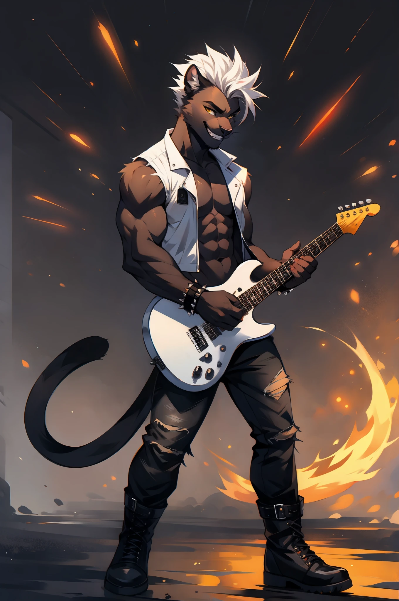Black panther male, yellow eyes, panther ears, black furry body, muscular, masculine, white hair, faux hawk hair, white leather vest, shirtless, spiked bracelets, blue ripped jeans, black boots, grinning, playing the guitar, holding a black epiphone g400 guitar, no background, blank background, by Fumiko, by hyattlen, by hioshiru