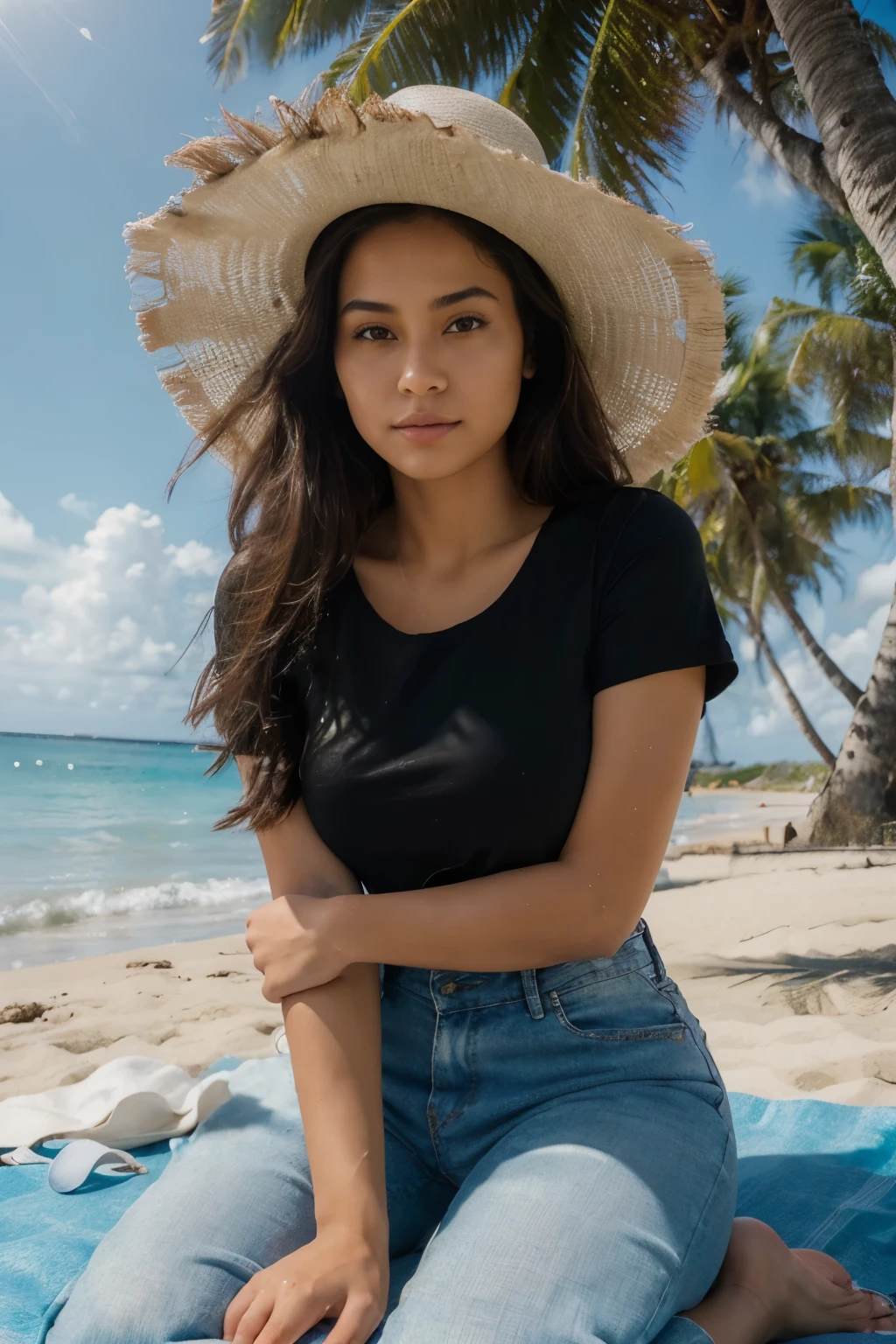((best quality)), ((masterpiece)), ((high res)), ((perfect photograph)), ((realistic)), (perfect face), beautiful Polynesian woman, on beach, sitting on knees on a beach towel, black t-shirt, happy, wearing sunhat, light shining on shirt, wearing pants