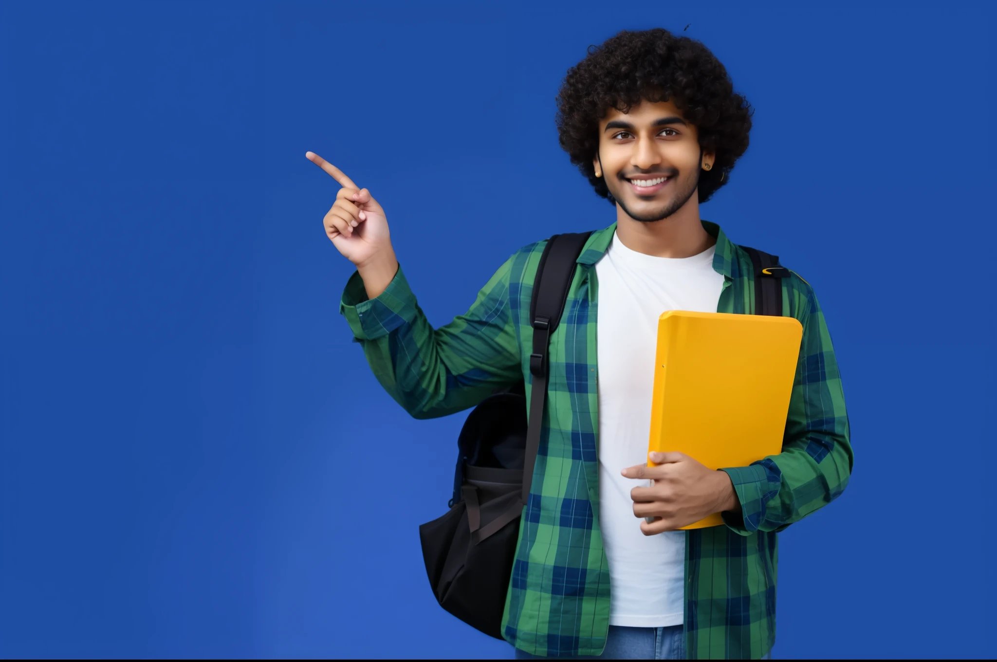 (south indian), (young student),arafed man in a green shirt holding a yellow folder and pointing at something, college students, student, easy to understand, a man wearing a backpack, at college, he is holding a large book, blue and yellow color theme, with a blue background, with a backpack, he is at college, subject is smiling, orange and yellow theme