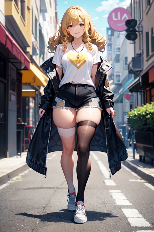 (Masterpiece: 1.5, best quality, high resolution: 1.3, super resolution, super detailed, ultra detailed: 1.3, rich background: 1.2, 1 woman)) tanned skin + blonde hair + curly fluffy hair + gray eyes + long eyelashes + chubby body + small chest + wide hips + thick thighs (oversized shirt that covers up to her thighs, thigh-high stockings, shorts, jacket, vans shoes, simple short necklace, long necklace with an emblem) ((smiles, turning to look, bottom from a busy street)) (colors for clothing and accessories: yellow, black, white, cream, red, light blue)