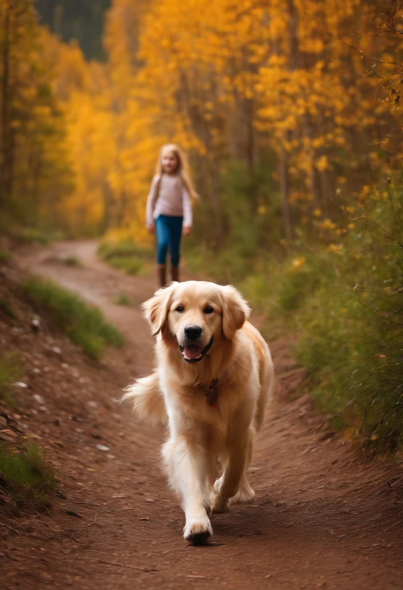 8-year-old girl, Clear facial features, Happy and a golden retriever, Walk on mountain trails, There was snow on the road.