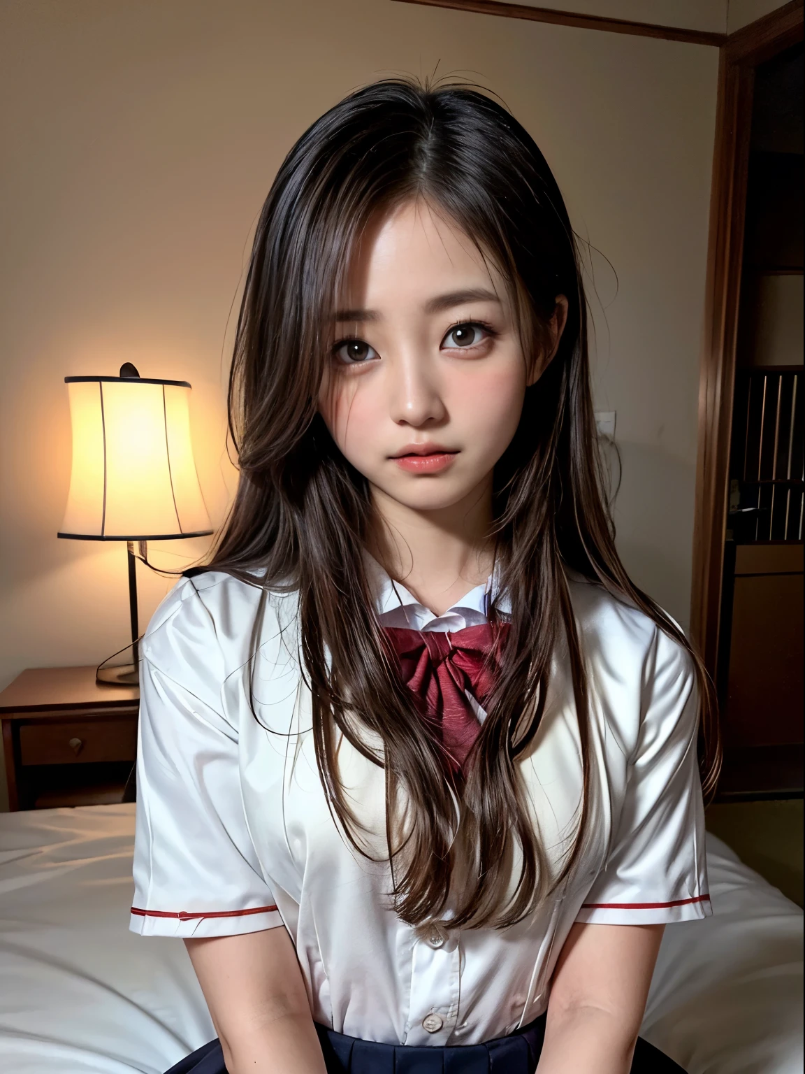 Photoreal:1.3、8K, RAW portrait of、 (japanese women),masterpiece、realistic pictures, Super high resolution, highest quality, real life photos ,( At night ),
1 female,(( 深At night寝室で)),((Very realistic Japanese high school students))、((Japan High School Uniforms:1.6))、in the room、physically thin、delicate eyes,eyeshadow and eyeliner、  ((dark brown eyes:1.5))、(real skin texture)、(An immersive atmosphere:0.8、chiaroscuro:1.2) 、(looking at the viewer)、((embarrassing:1.5))、laughter:0.5、((Shyness:1.5))、((red cheeks:1.3))、((bust shot:0.8))