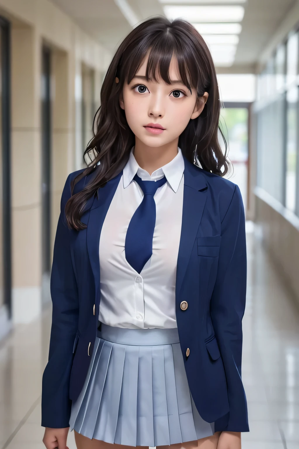 8K, highest quality, real image, intricate details, Super detailed, ultra high resolution, depth field,(realistic,realistic:1.2), frontal shot , From the middle , 1 girl, eye_Chan, very beautiful 17 year old girl, innocent big eyes,、beautiful breasts:1.5、非常に詳細なeye:1.2)、(beautiful breasts:1.1)、wavy hair、curly hair、bangs、, perfect skin, Fair skin, cleavage, tight waist, huge breasts、light blush, alone、 looking at the viewer, (Are crying, crying face), ((School_uniform),(dark blue blazer), (white shirt、Wearing a tie), (gray pleated skirt), (sculpture installation :1.1)、High School Hallway