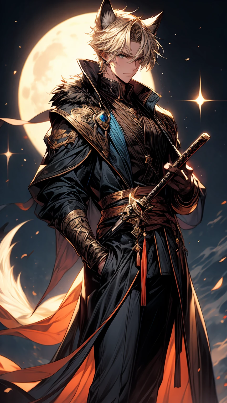 A handsome boy, close-up of a man holding a sword and a sword, blonde hair, a yellow triangle scarf around his neck, a black military uniform, shaggy fox ears (especially large), inspired by Yang Jin, moon-themed costume, astral witch costume, blue-gold pupils, thin man fantasy alchemist, full body adoptable